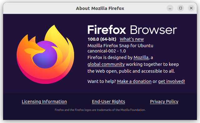Screenshot:About Firefox Browser on Ubuntu 22.04 LTS