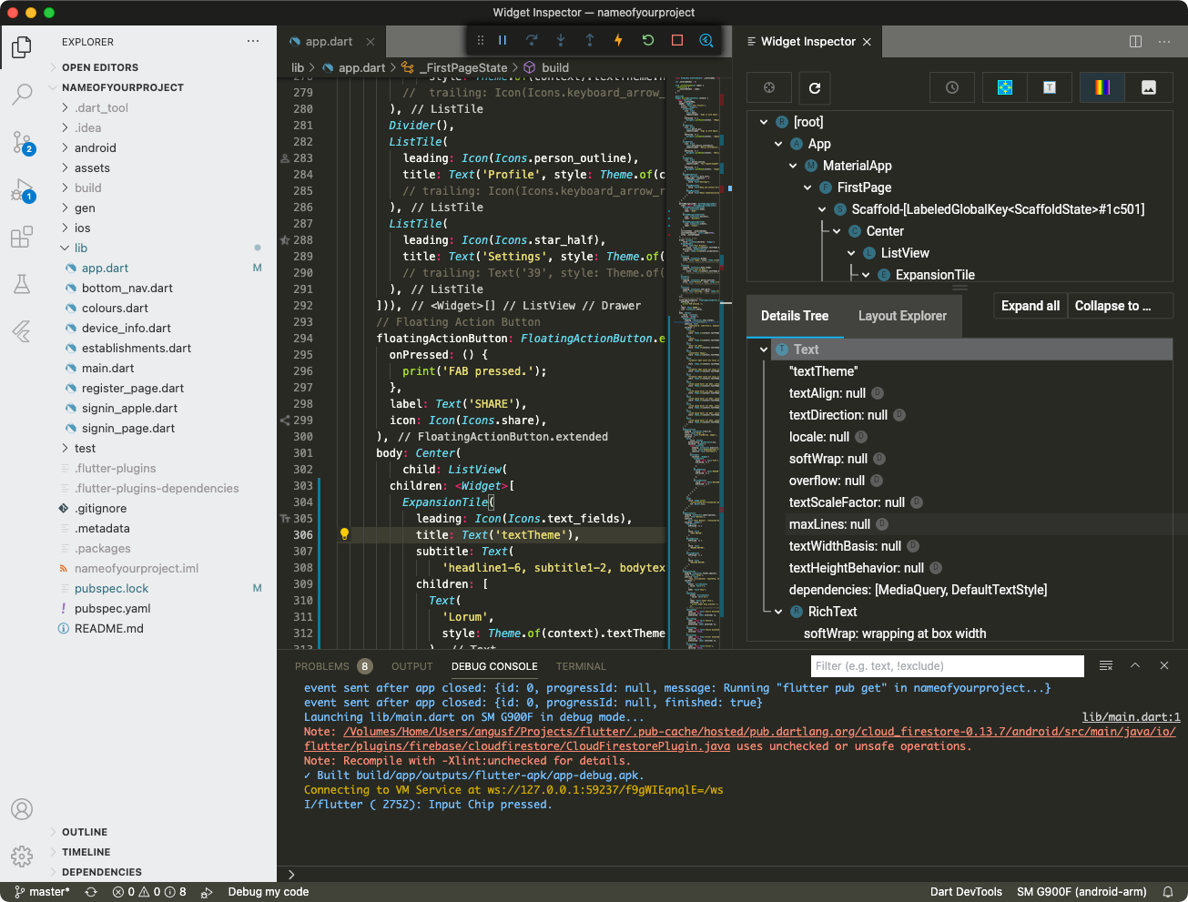 Flutter project with Flutter DevTools open - screenshot