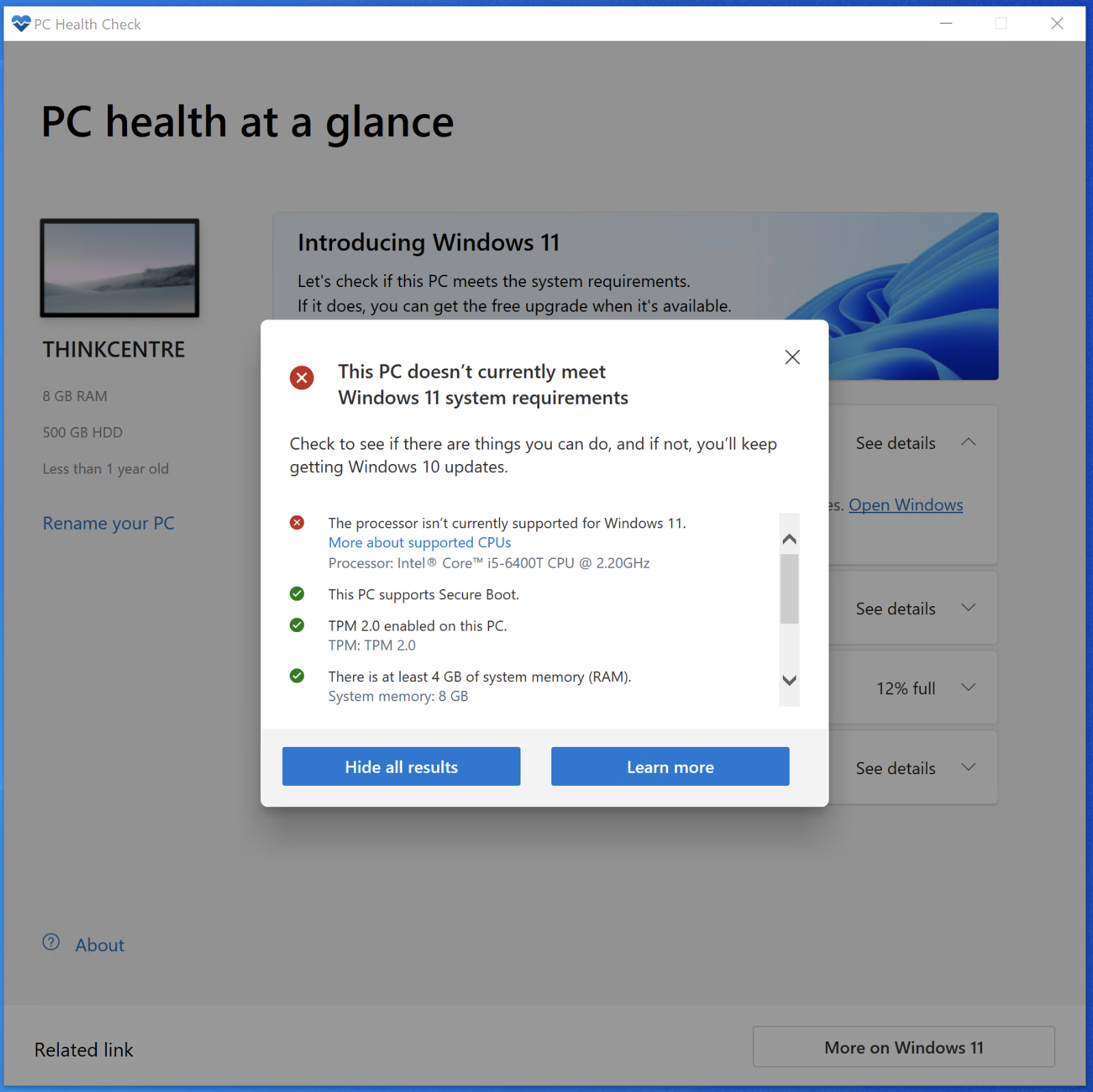 Screenshot of Windows PC Health explaining that the processor isnt currently supported by Windows 11