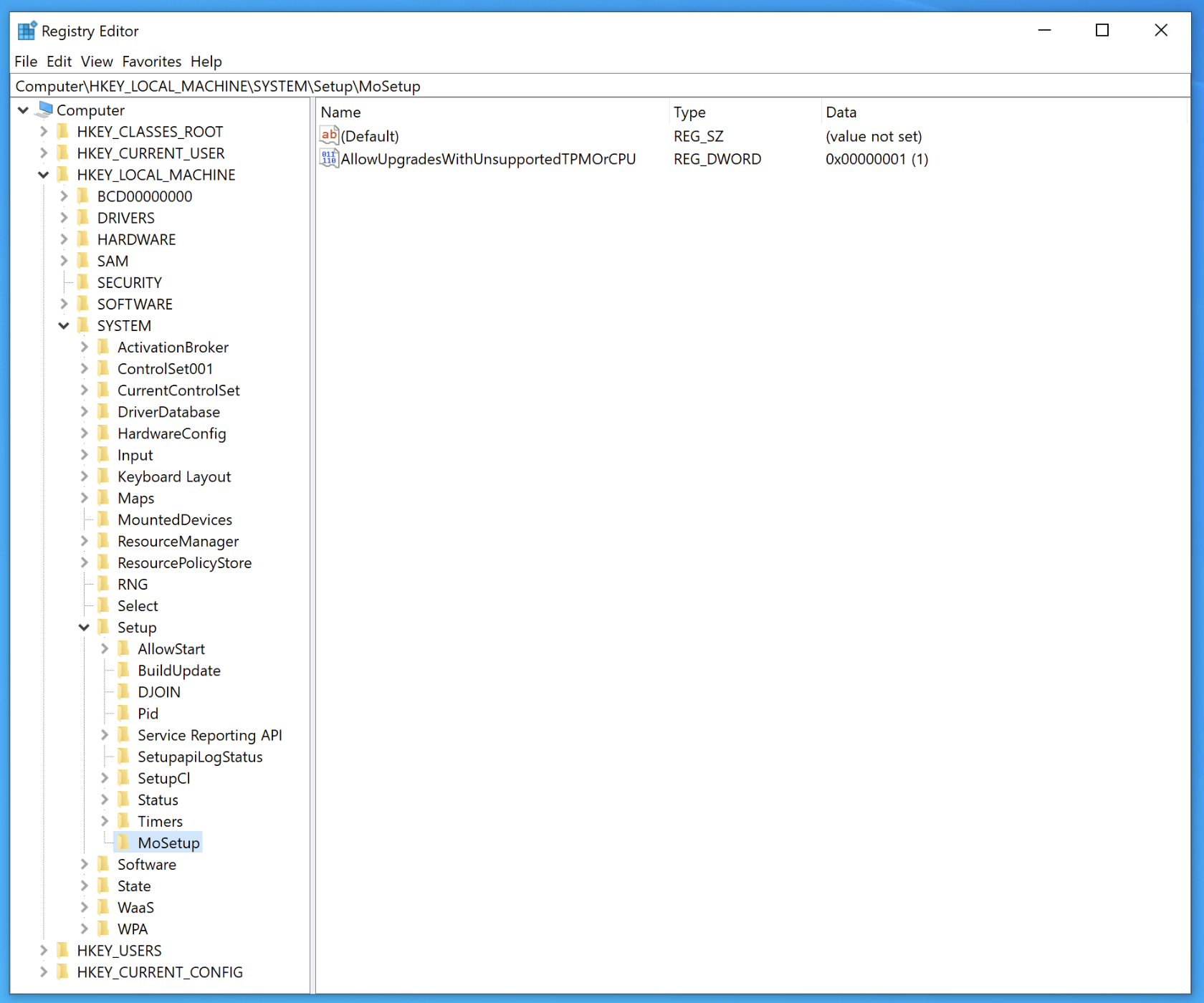 Regedit showing the MoSetup Key with the AllowUpgradesWithUnsupportedTMPOrCPU value set to 1