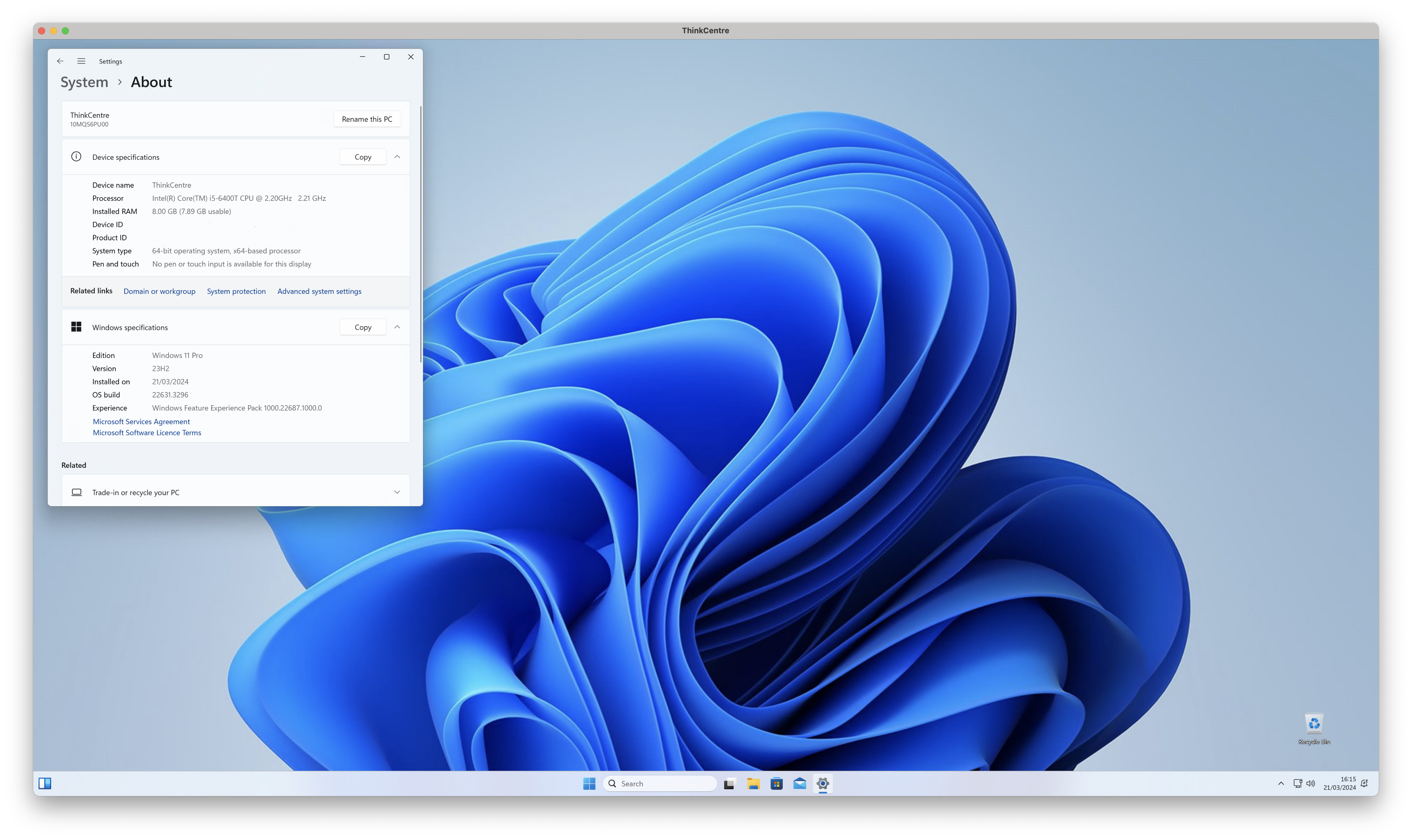 Windows 11 running perfectly well on a ThinkCentre 710q with an i5 6400T processor