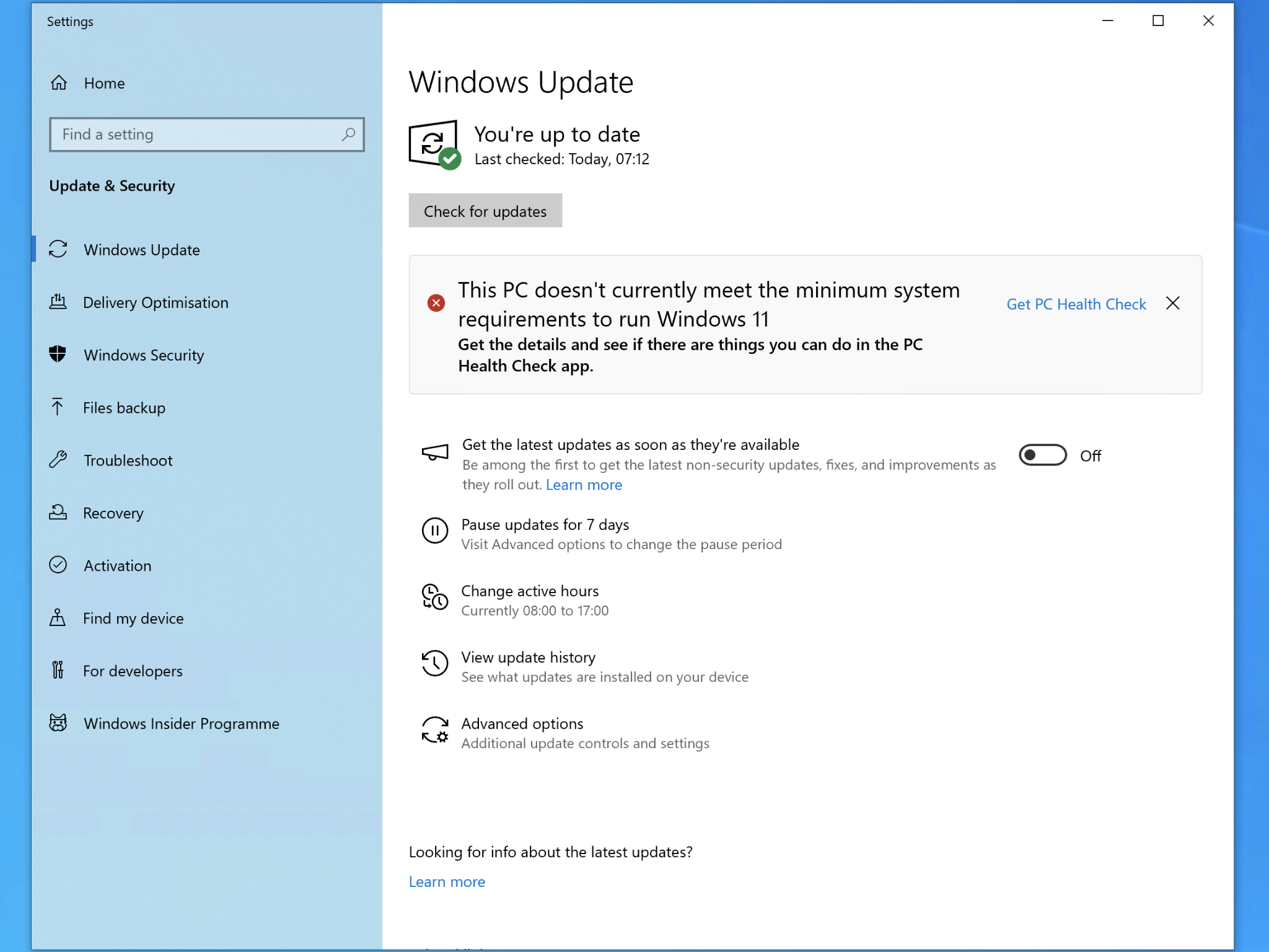 Screenshot of Windows Update explaining that this PC doesnt meet the minimum system requirements to run Windows 11