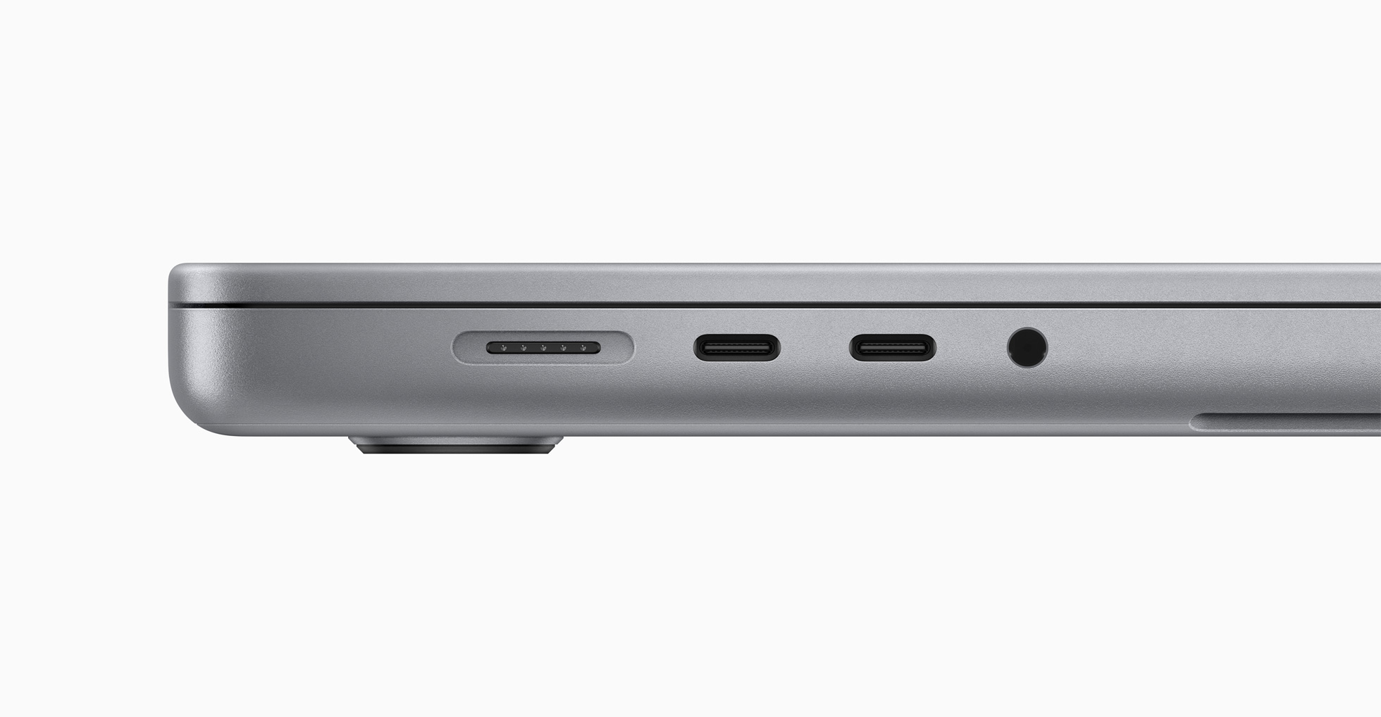 MacBook Pro features three Thunderbolt 4 ports to connect high-speed peripherals, MagSafe 3 charging, and a headphone jack that supports high-impedance headphones.