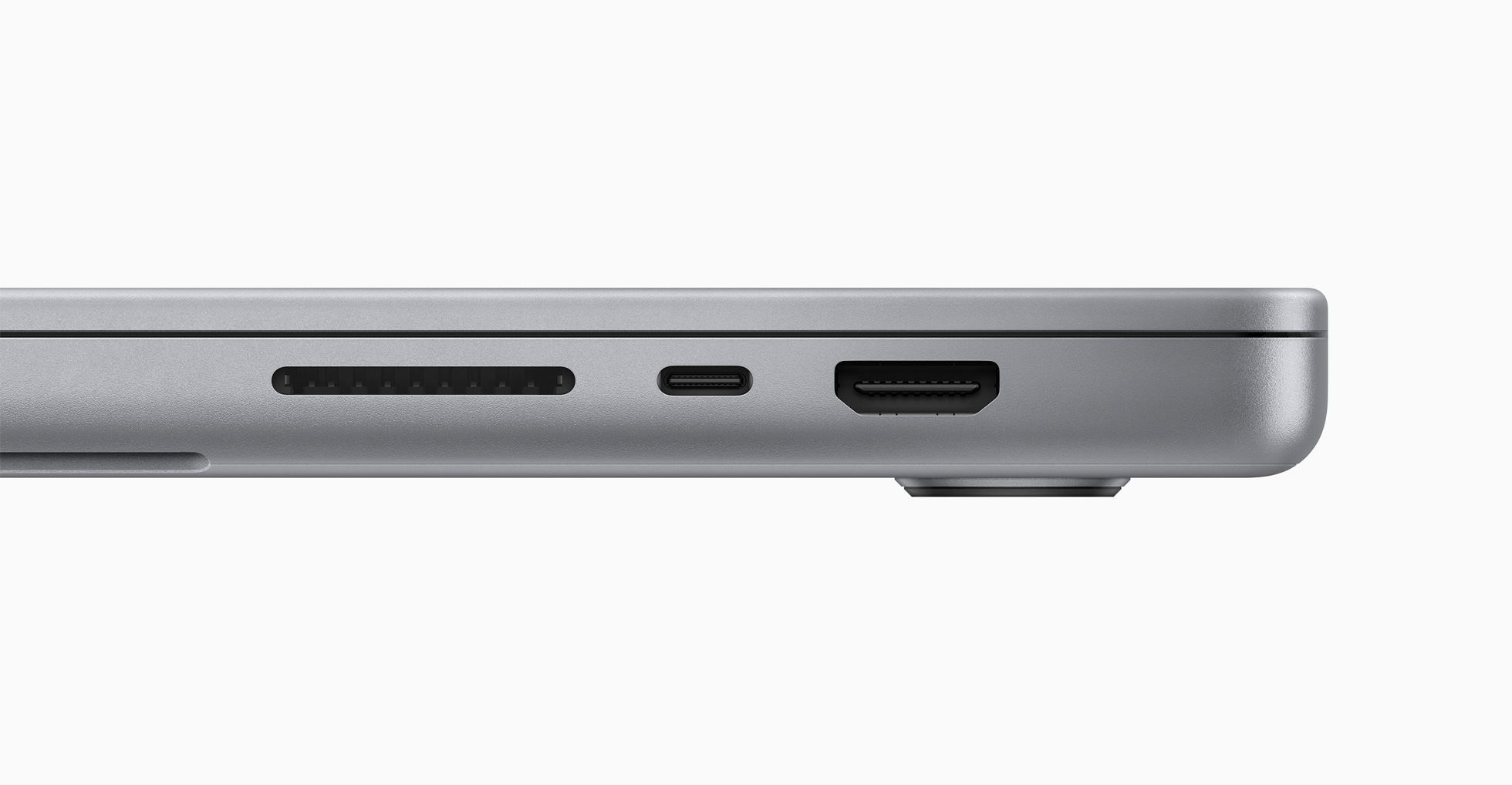MacBook Pro incudes an SDXC card slot for fast access to media and an HDMI port for conveniently connecting to TVs and displays, including 8K displays for the first time.