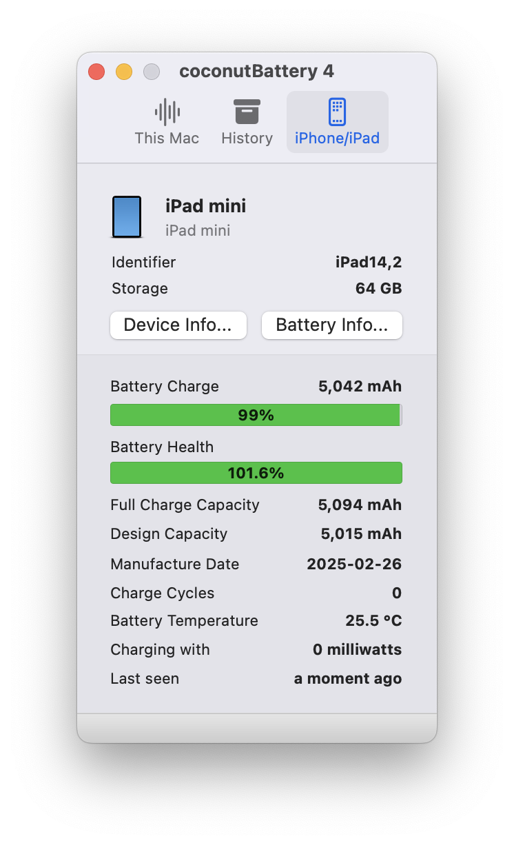 coconutBattery screenshot Charge cycles 0, manufacure date 2-25-02-26