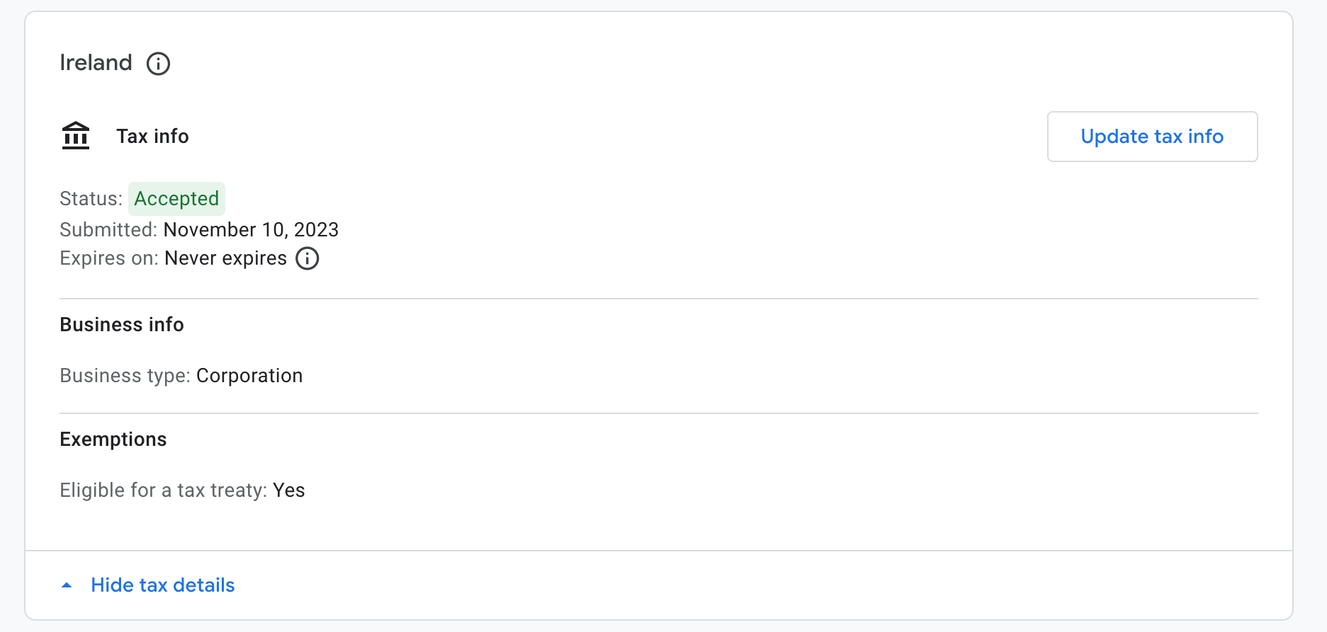 Google AdMob console - Payments info - Ireland Tax information