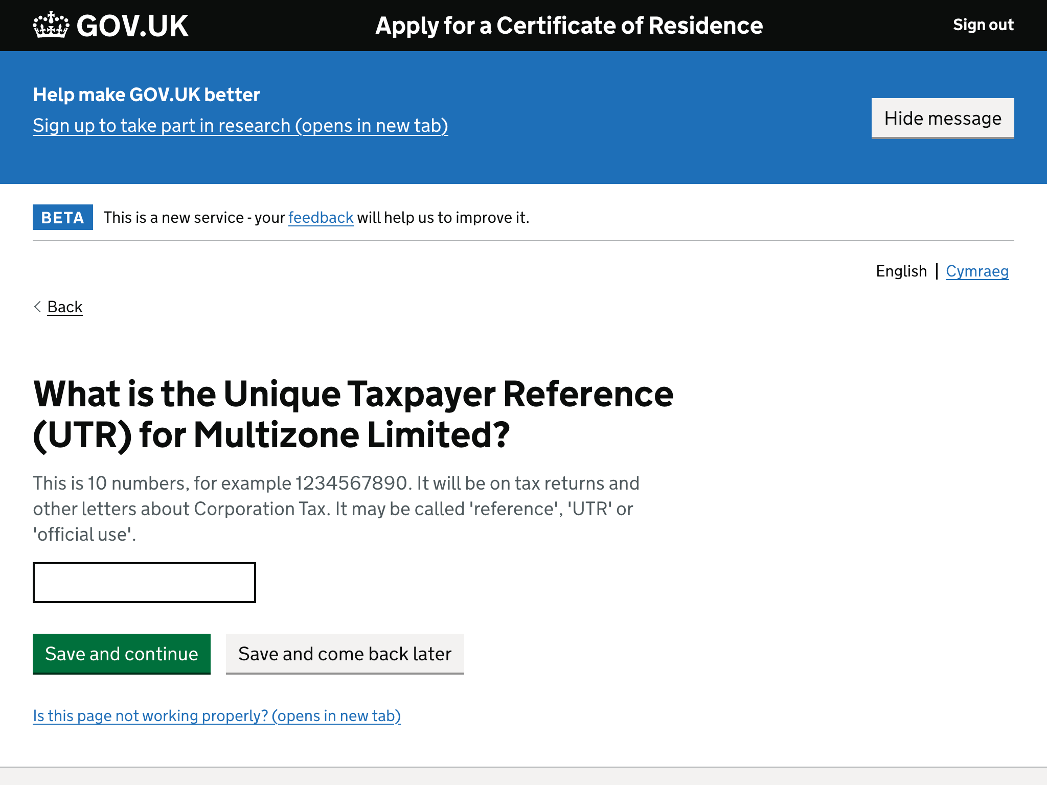 What s the unique tax reference (UTR) for the company?
