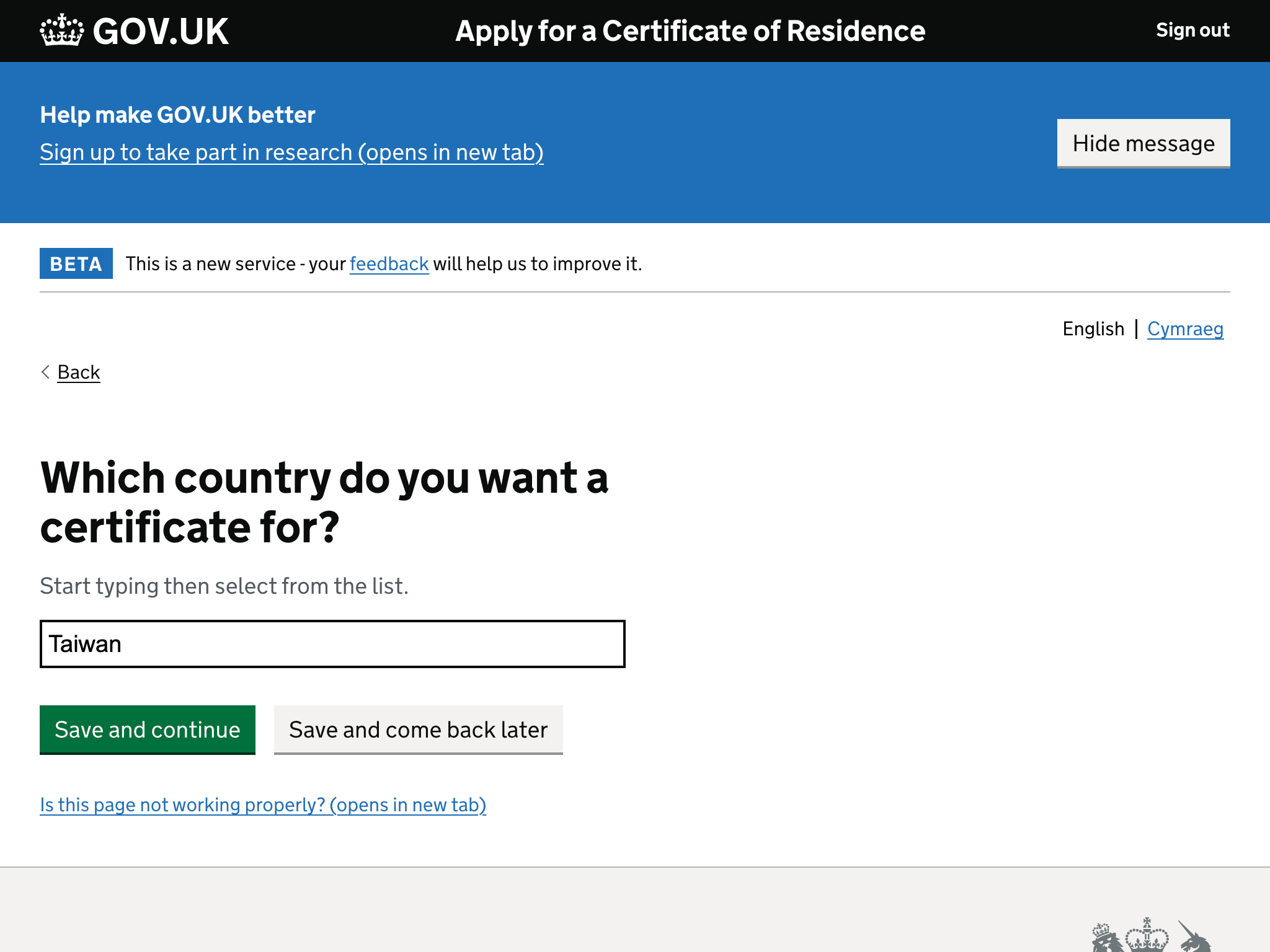 Which country do you want a certificate for?