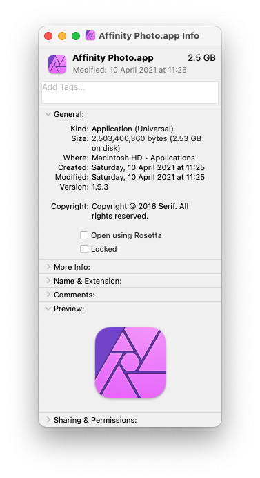 Get info for Affinity Photo showing it to be a Universal app which means it contains an Apple silicon binary