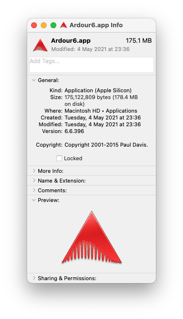 Get info for Ardour 6.6 showing it to be an Apple Silicon app which means it is an Apple silicon binary