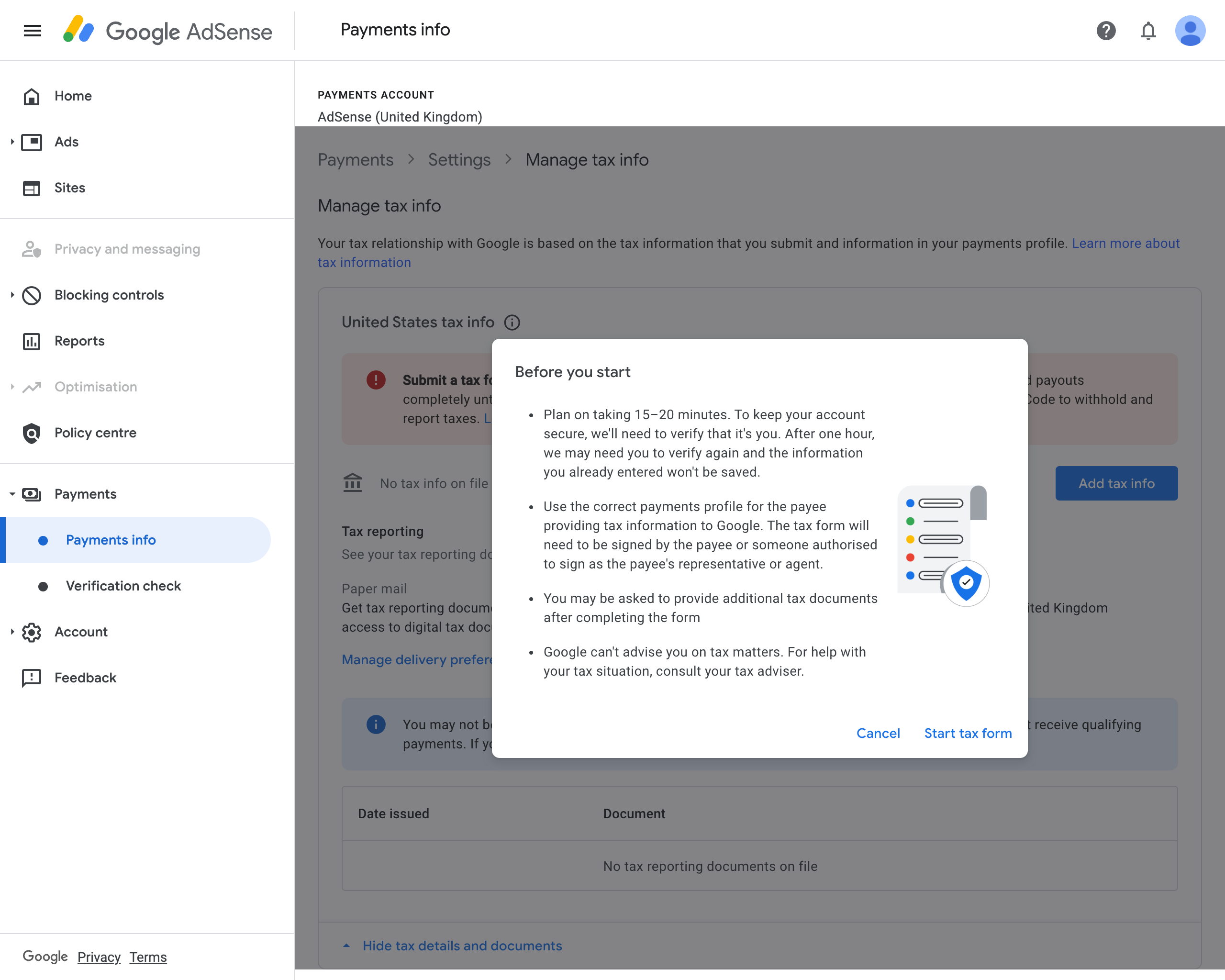 Screenshot of Google AdSense Payments info 'Before you start'