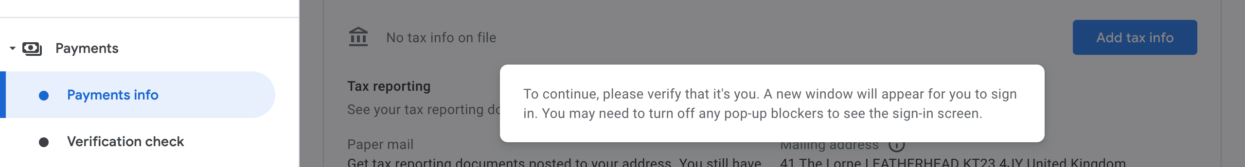 Screenshot of Google AdSense Payments info 'Verification'