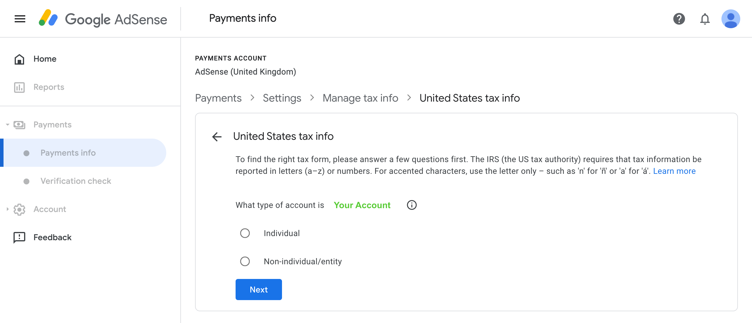 Screenshot of Payments Settings, United States tax info