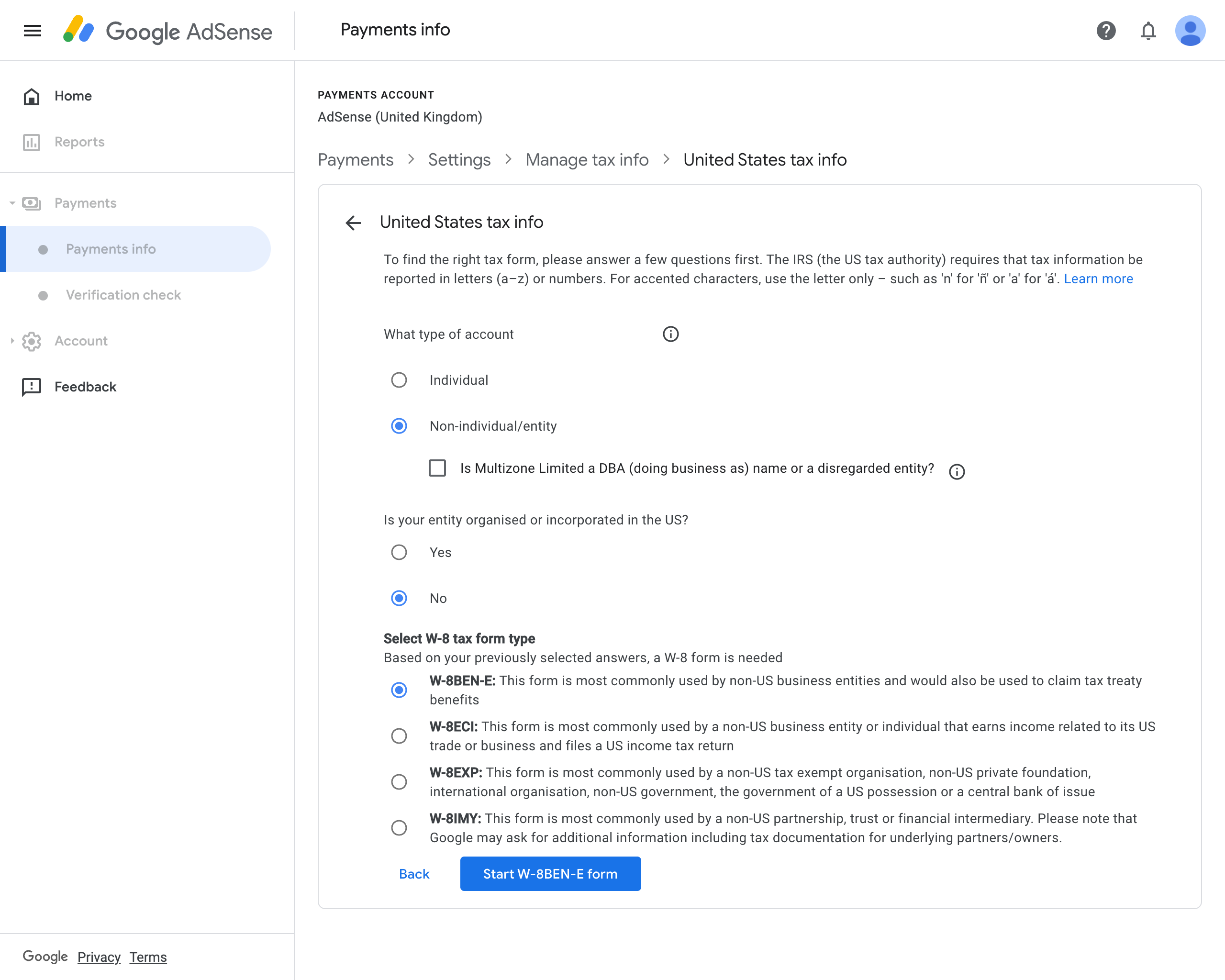 Screenshot of Payments Settings, United States tax info