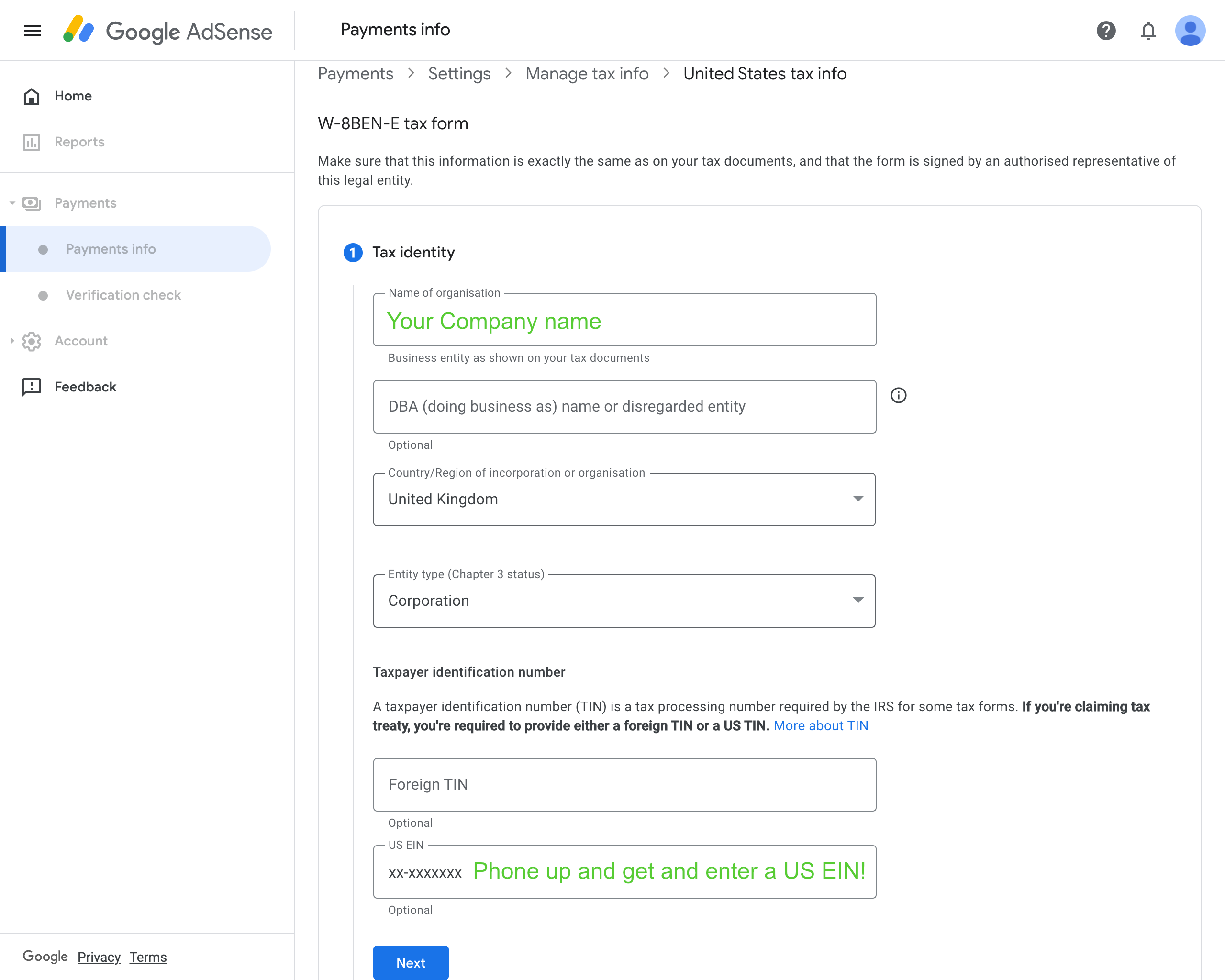 Screenshot of W-8BEN-E form, part 1