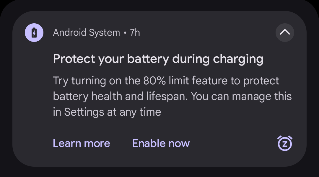 Protect your battery during chargins - notification screenshot Android 15, December 2024 security update