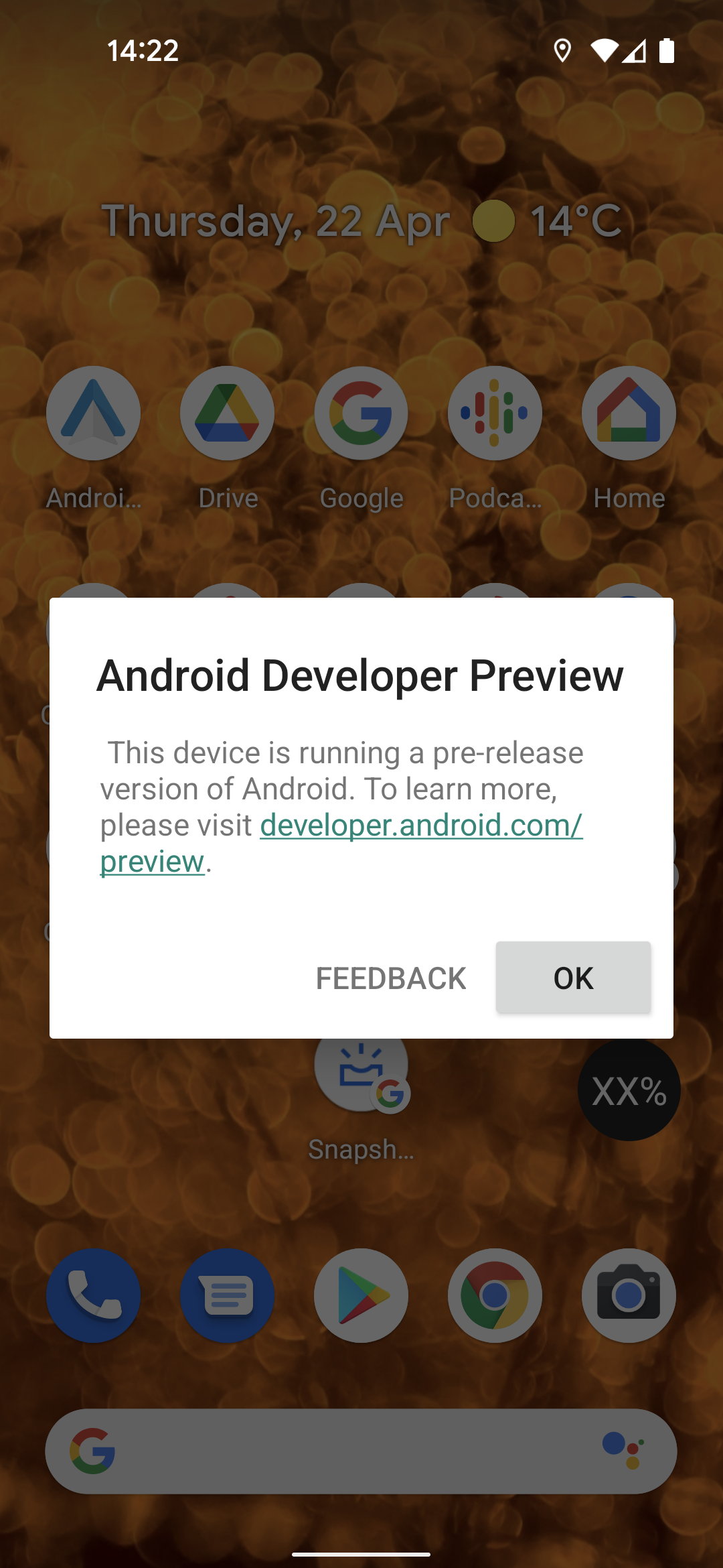 Screenshot of Android Developer Preview warning