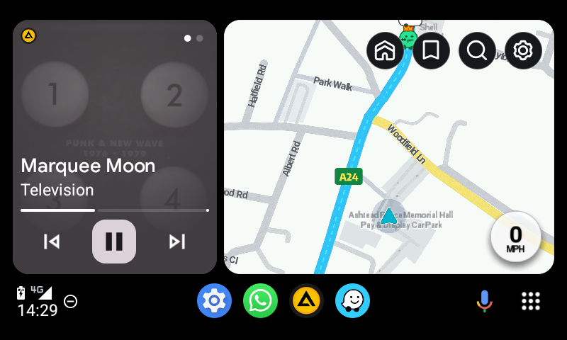 Screenshot of Android Auto showing AIMP playing Marquee Moon by Television (I've heard it) and Waze