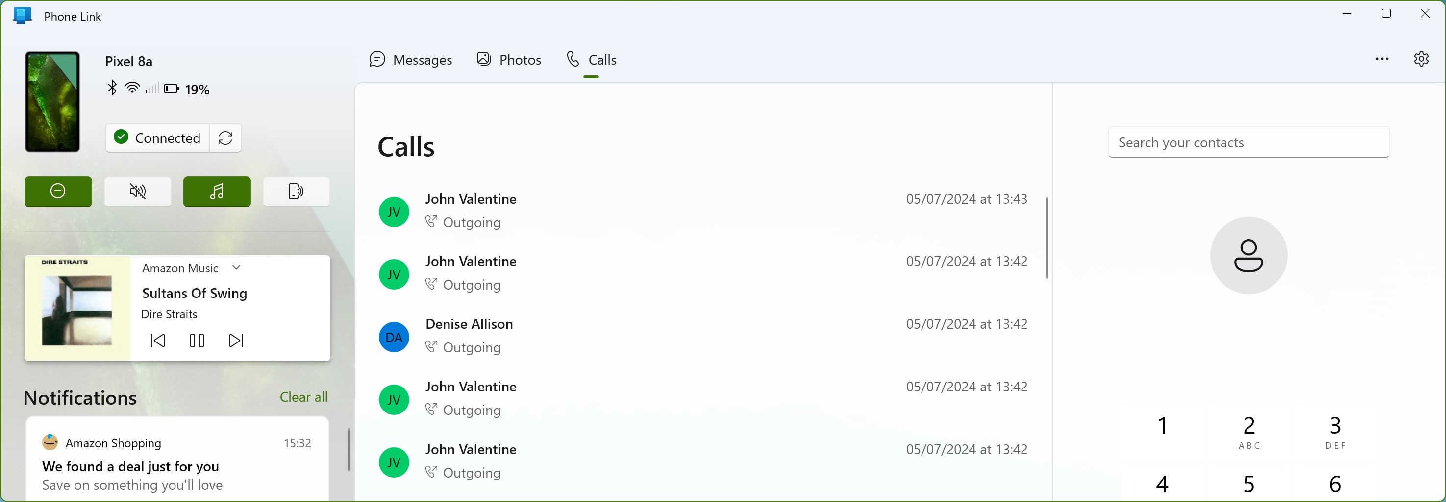 Phone Link for Windows - Google Android - Pixel 8a connected - Call List