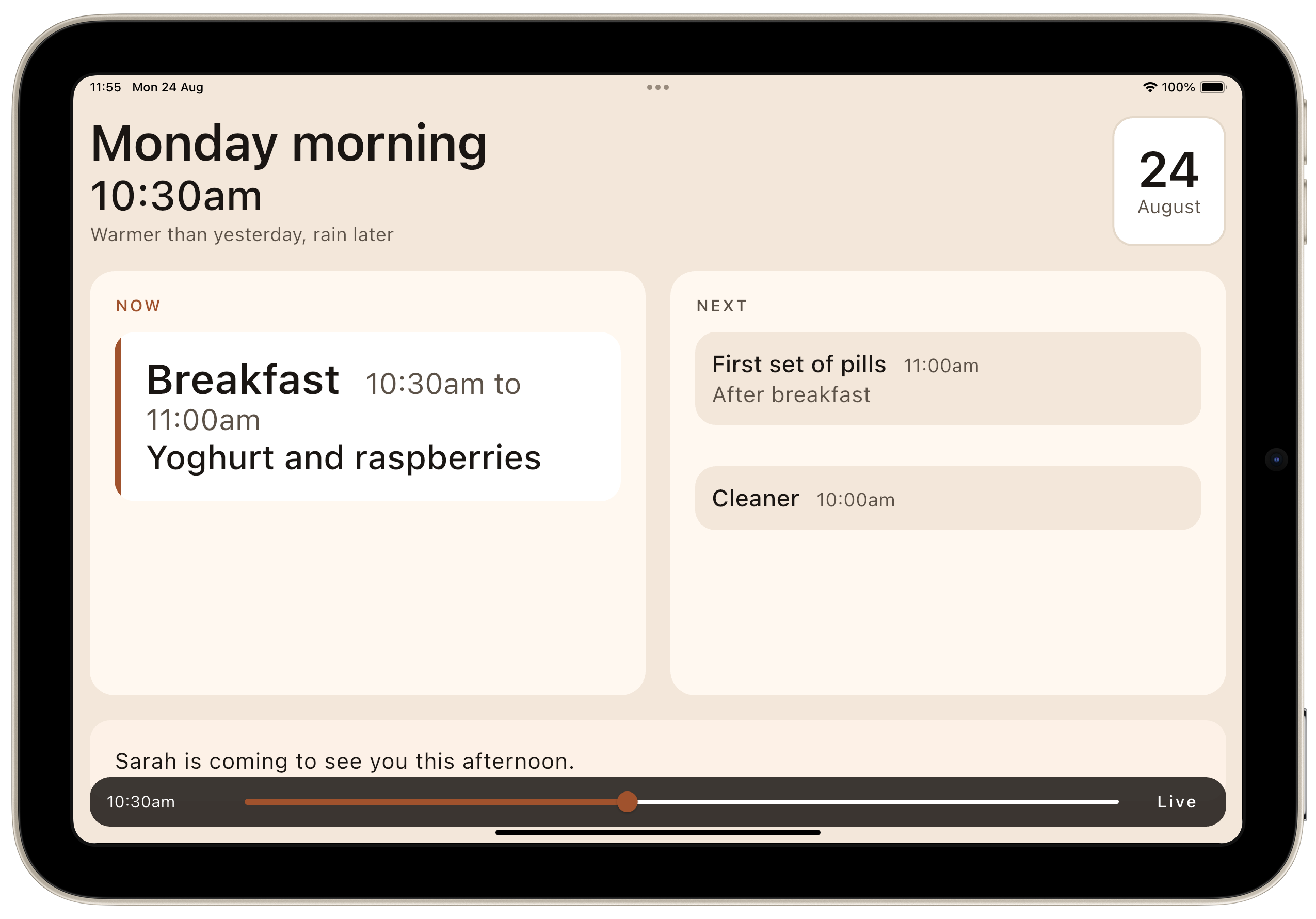 Daysome - a calm iPad display for someone living with dementia. A debug build screenshot scrubbed to half ten. It shows that it is breakfast time and whats for breakfast. The iOS status bar still reads 11:55 — that gap is the debug only time scrubber.