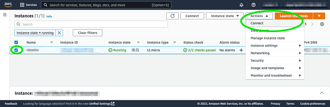 Screenshot of EC2 Console showing how to connect to an instance.