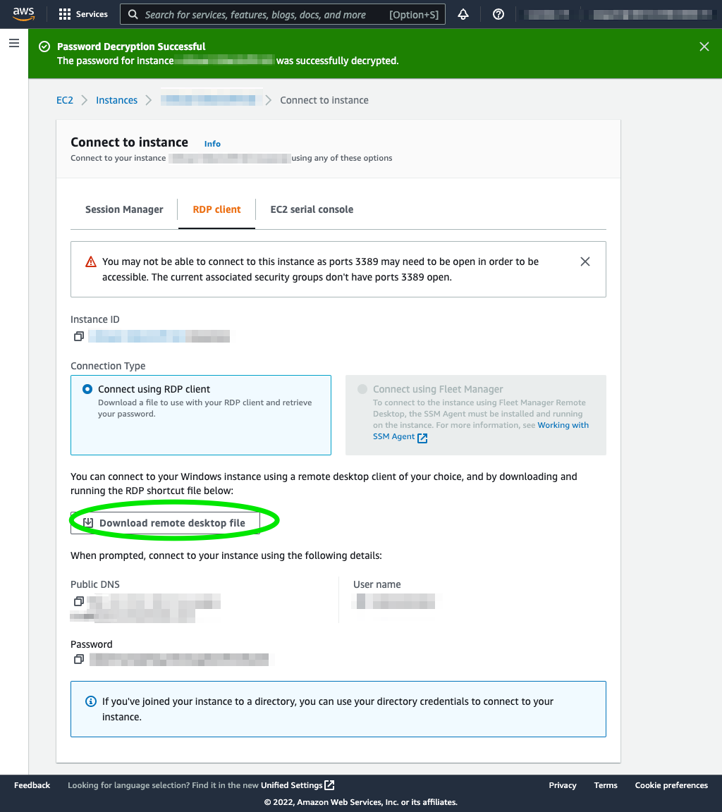 Screenshot showing how to download a Microsoft Remote Desktop (RDP) connection profile which will enable you to connect to your new servers Windows user interface.