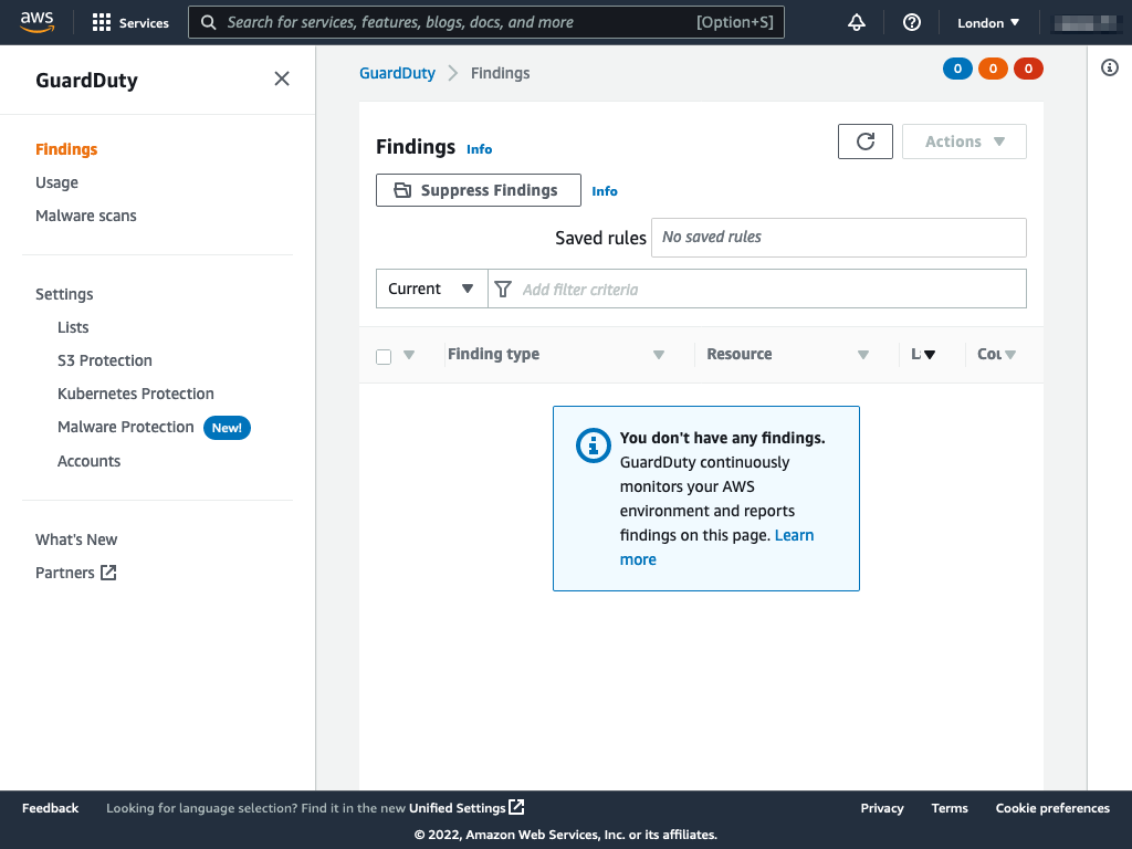 Amazon GuardDuty - You don't have any findings. GuardDuty continuously monitors your AWS environment and reports findings on this page. 