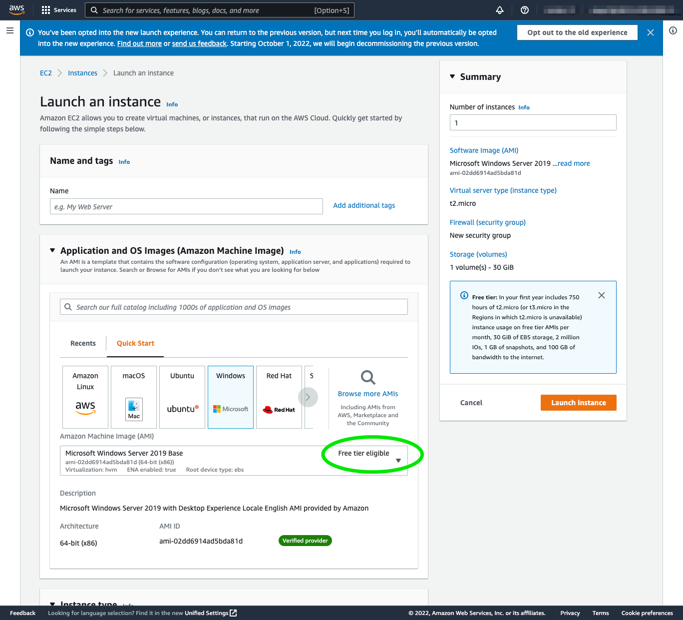 Screenshot of AWS Console 'Launch an instance' page highlighting the 'free tier eligible' Windows Server 2019 Amazon Machine Instance