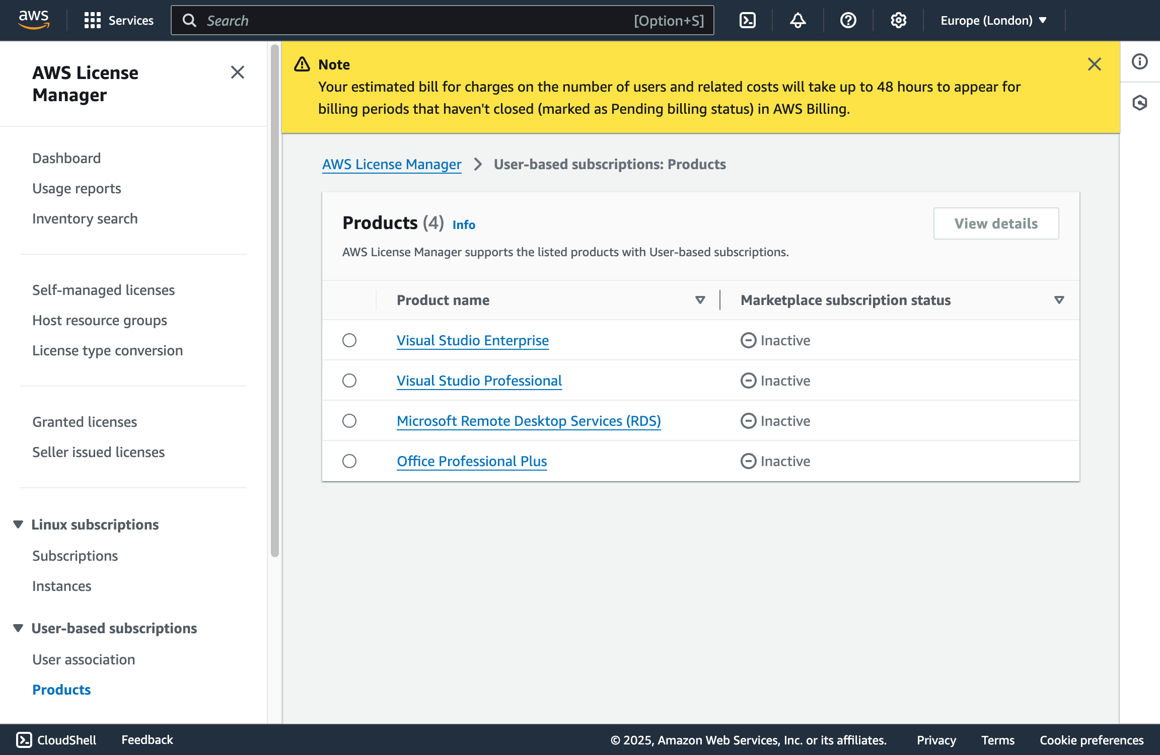 AWS License Manager - User-based subscriptions - Products