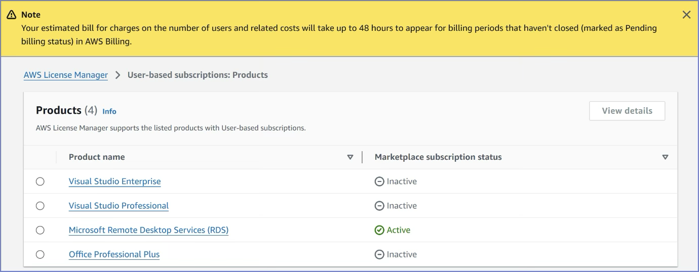 AWS License Manager - User-based subscriptions - Microsoft Remote Desktop Services (RDS) is ‘Active’