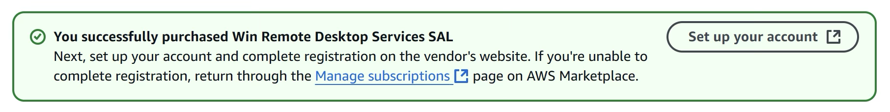 Successful purchase of Win Remote Desktop Services SAL in AWS