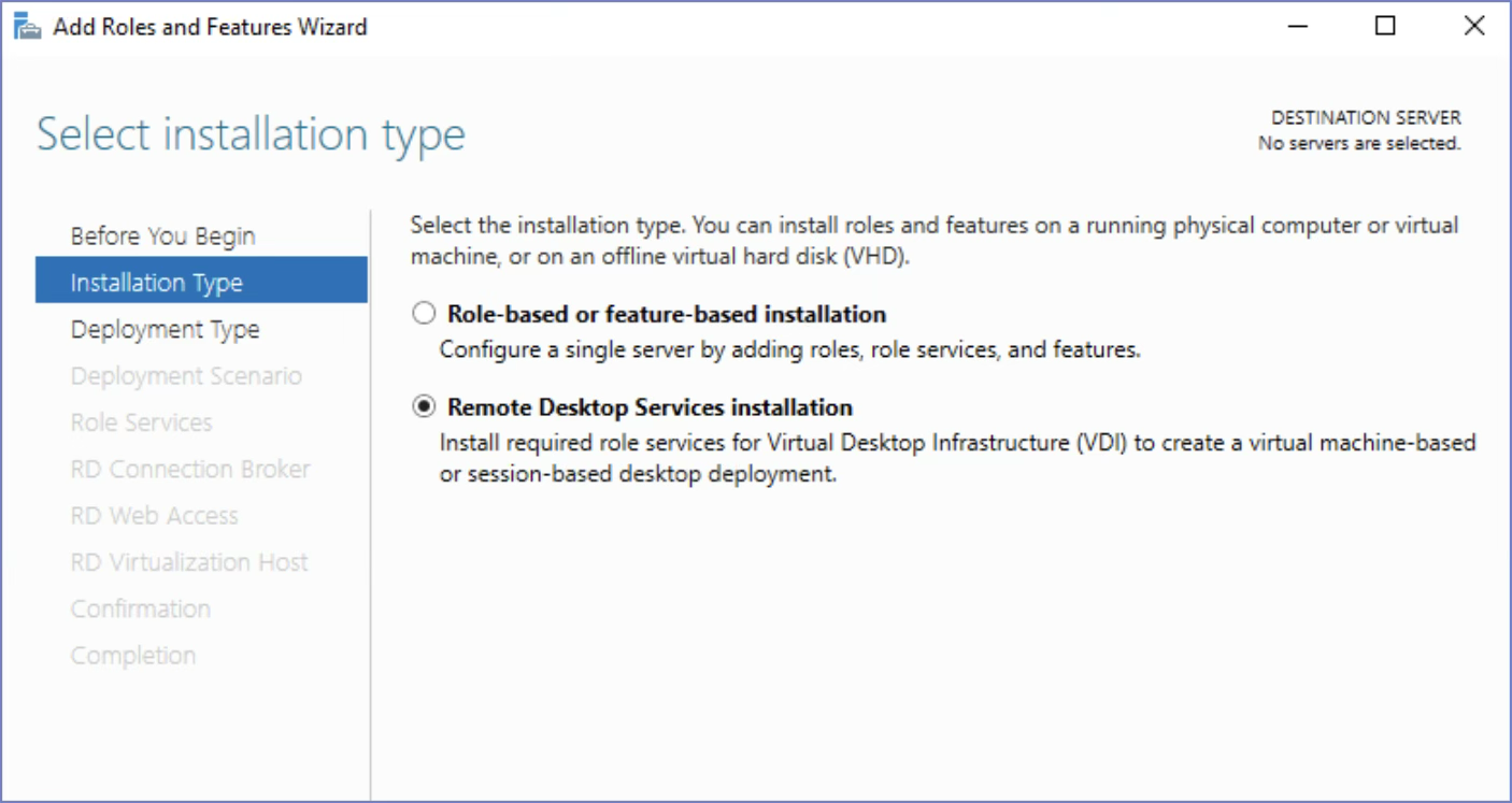 Microsoft Server Manager Roles and Features - Remote Desktop Services installation