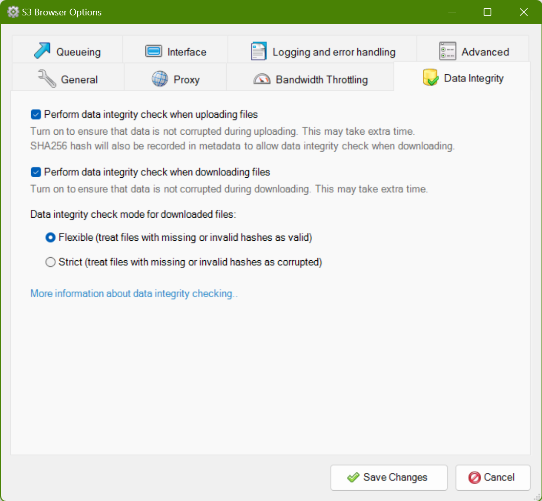 S3 Browser : Options : Data Integrity tab
