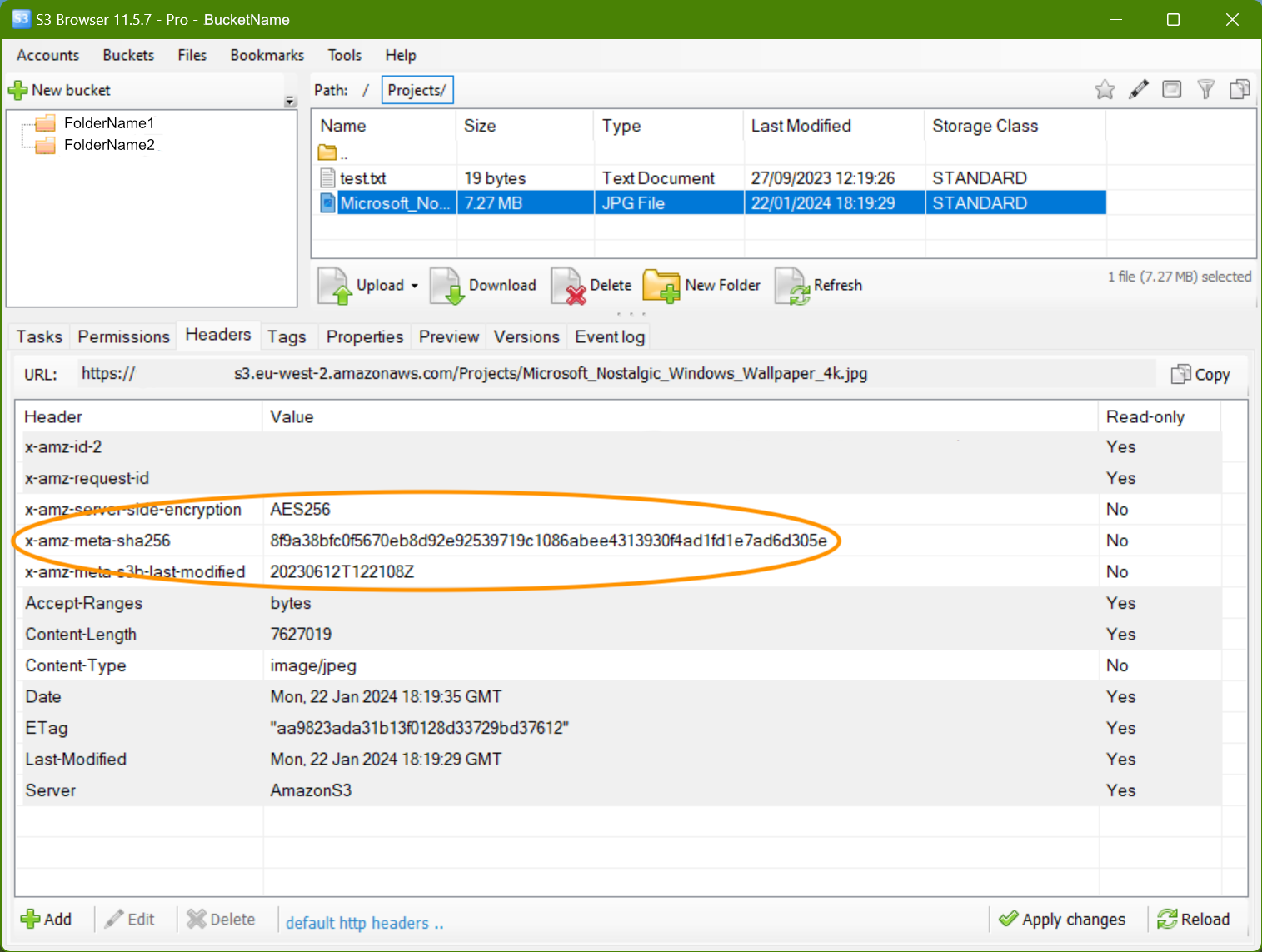 S3 Browser : File Headers showing x-amz-meta-sha256 - the sha256 hash of the file