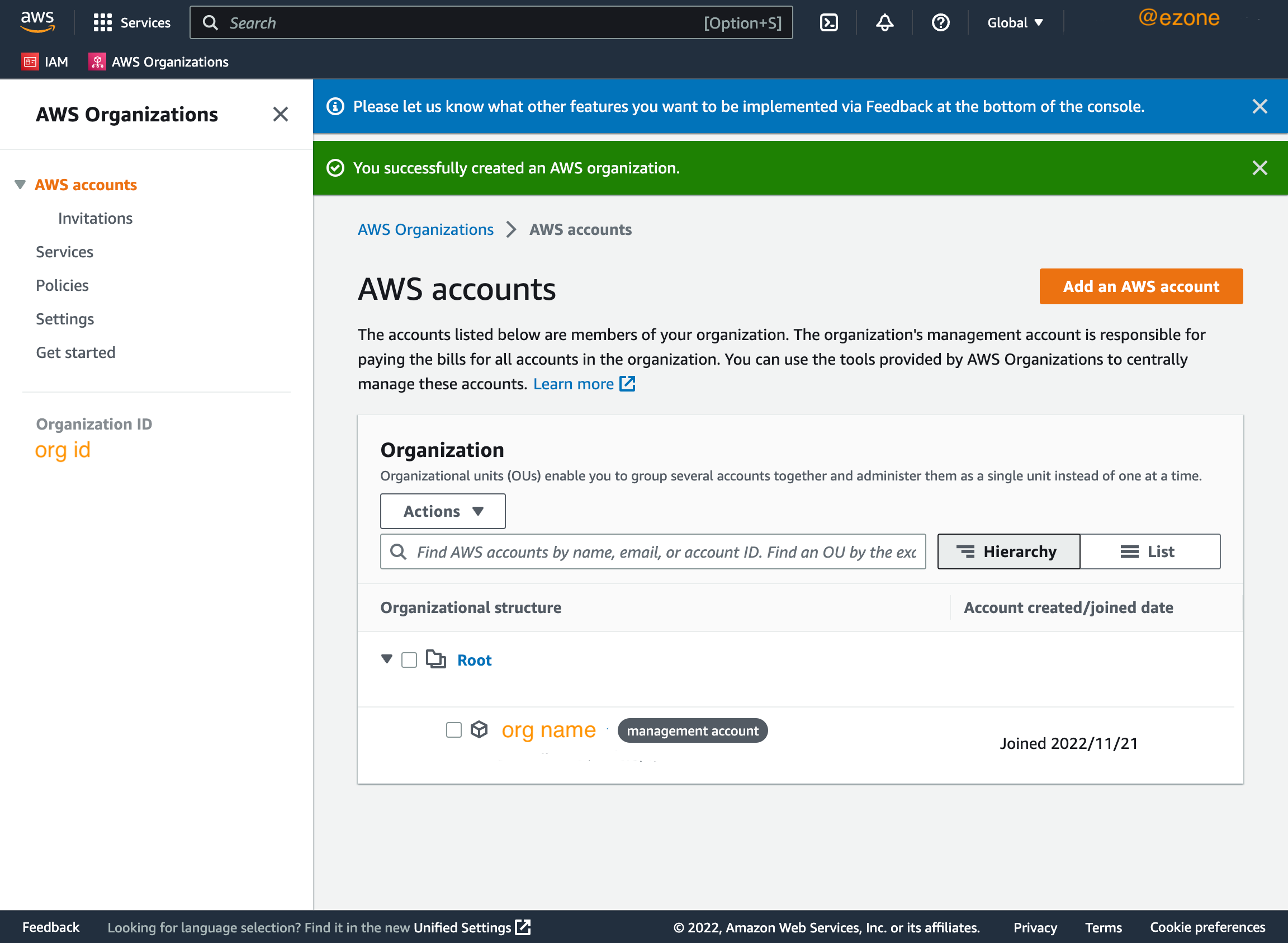 AWS Organizations, AWS accounts screenshot showing an alert which states that 'You successfully created an AWS Organization'