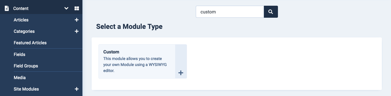Screenshot of 'Custom module' selected in Site Modules in Joomla 4to your site.