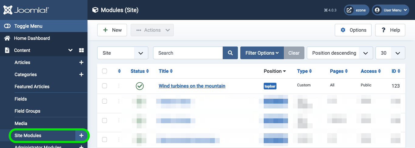 Screenshot of Site Modules in Joomla 4