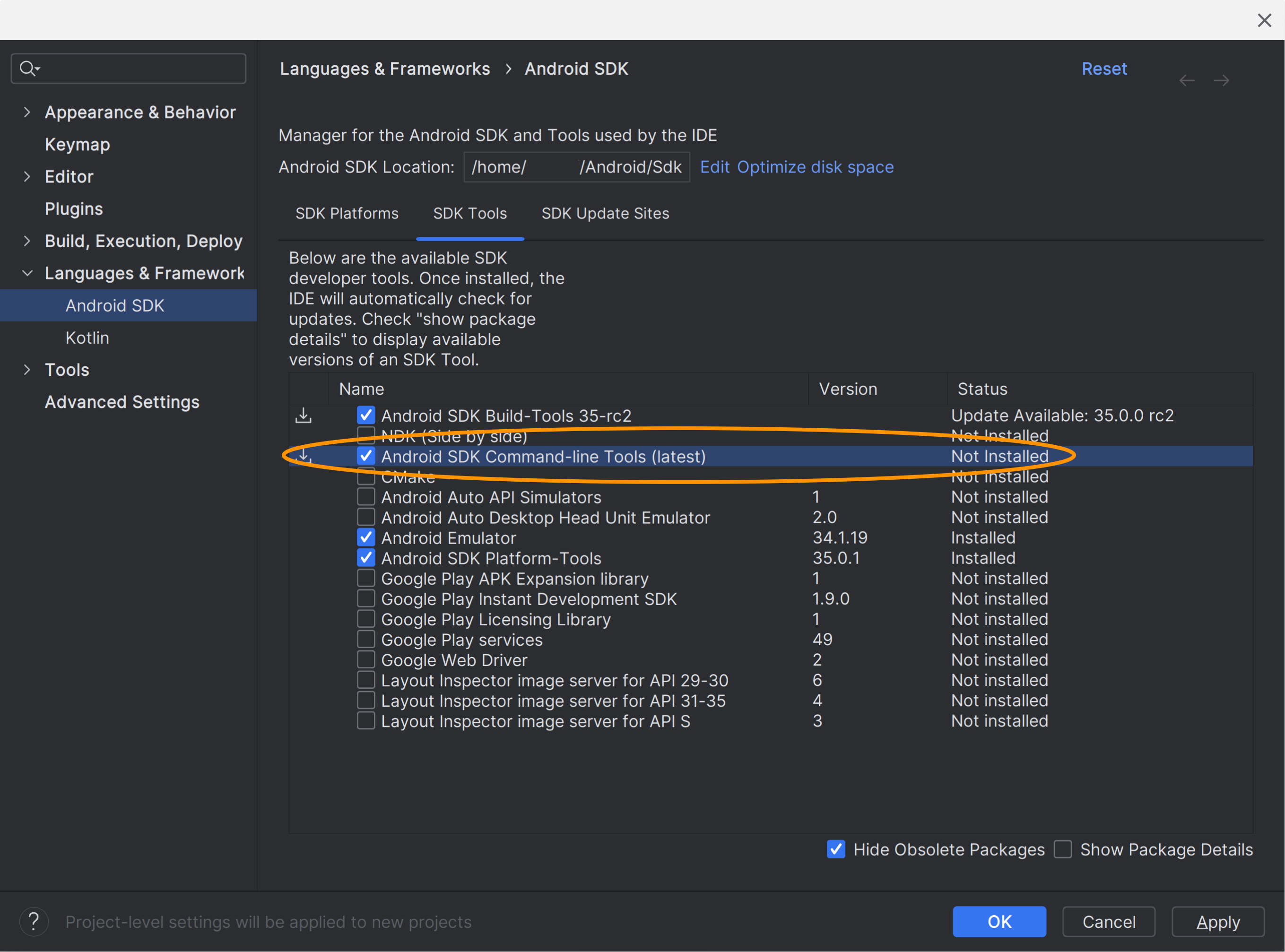 Key part of the Android Studio setup wizard is to ensure the Command Line tools are installed!