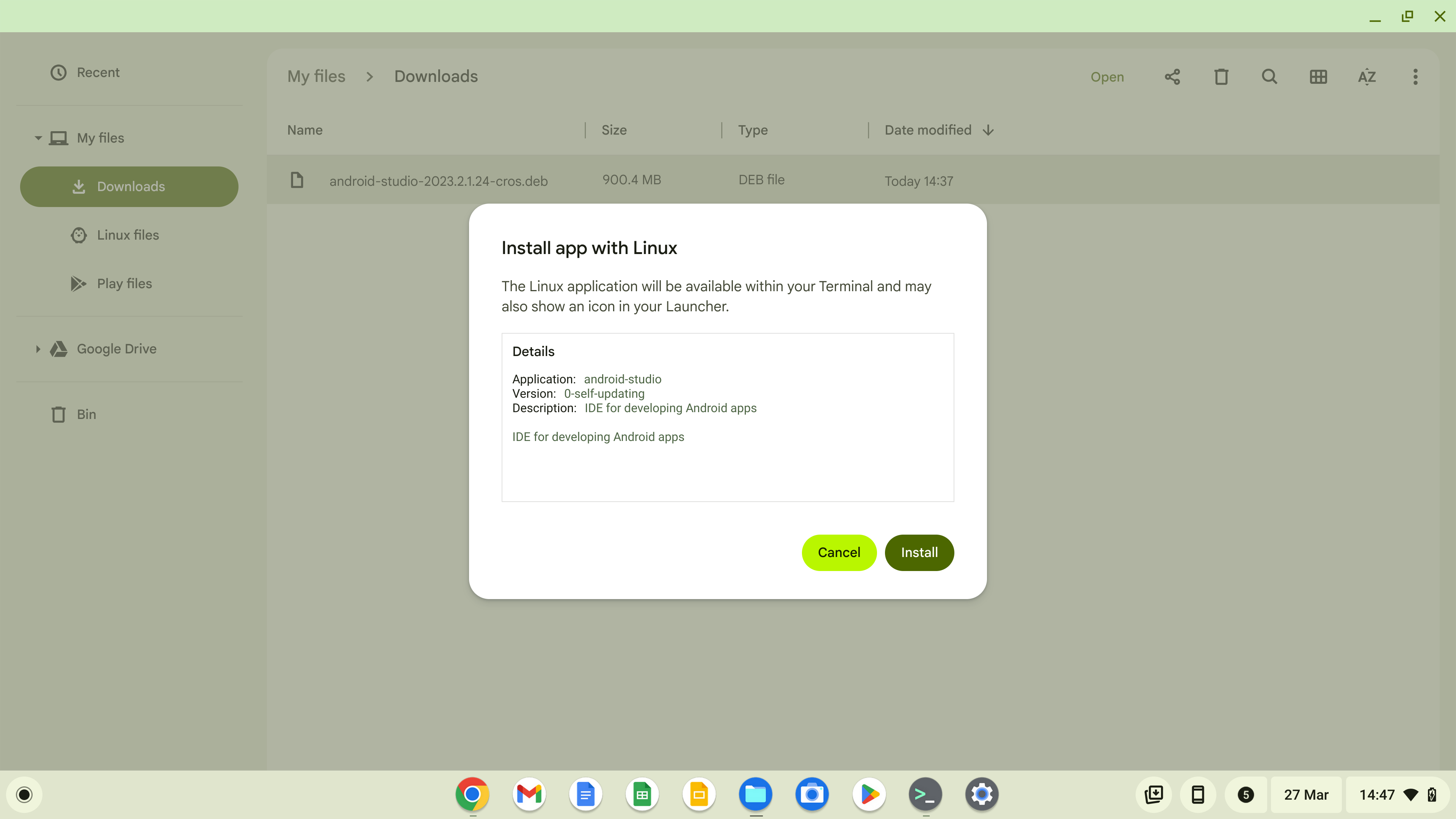 Chromebook DEB package file Install Confirmation