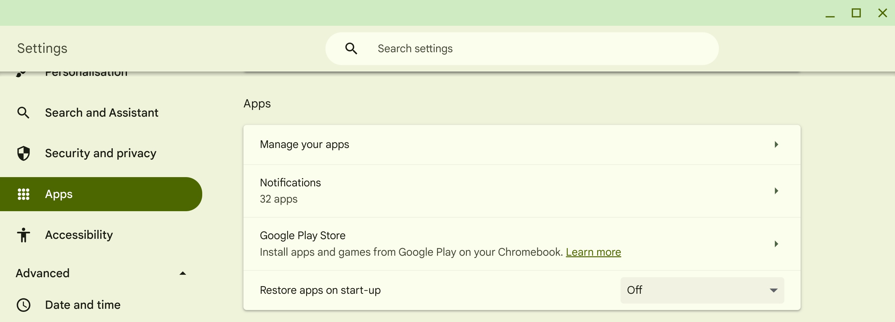 Chromebook App Settings showing Google Play