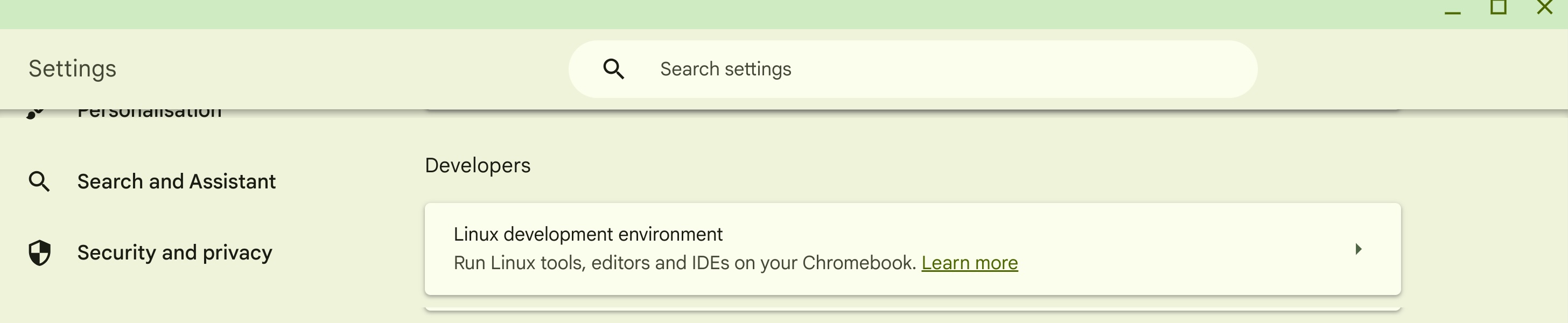 Chromebook Developer Settings showing Linux