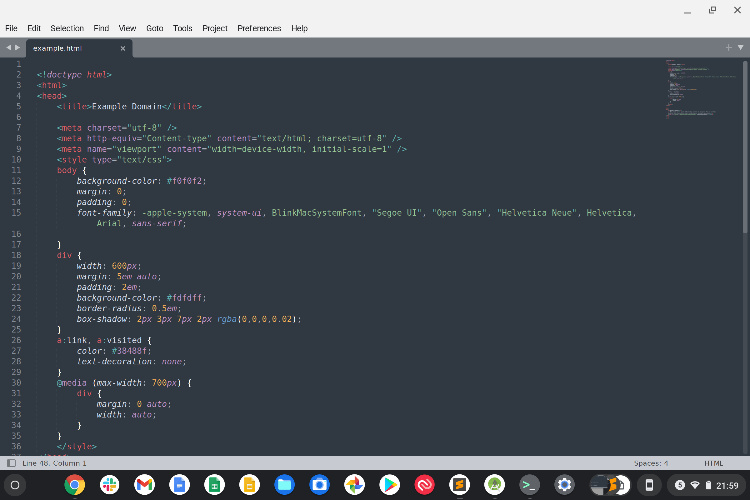 Sublime Text main screen screenshot with an example html file loaded for editing - on a Chromebook