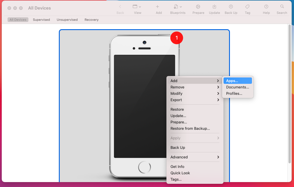 Apple configurator 2 connected to an iPhone 5s 'Add Apps' menu selected