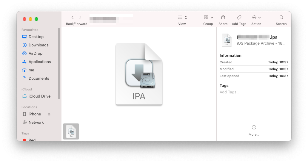 The .ipa for your app revealed in the Finder