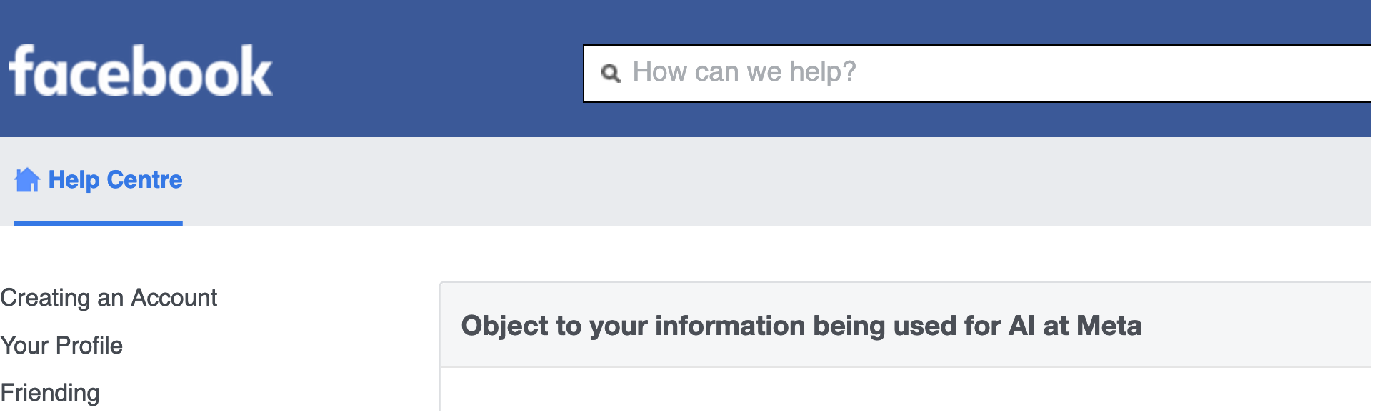 Screenshot: Object to your information being used for AI at Meta
