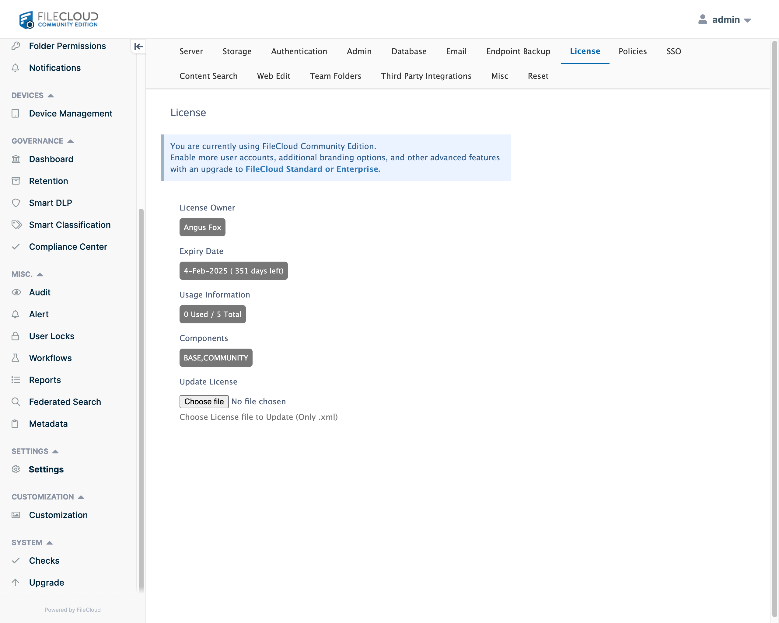 FileCloud Admin First Run, Community Edition Licenced