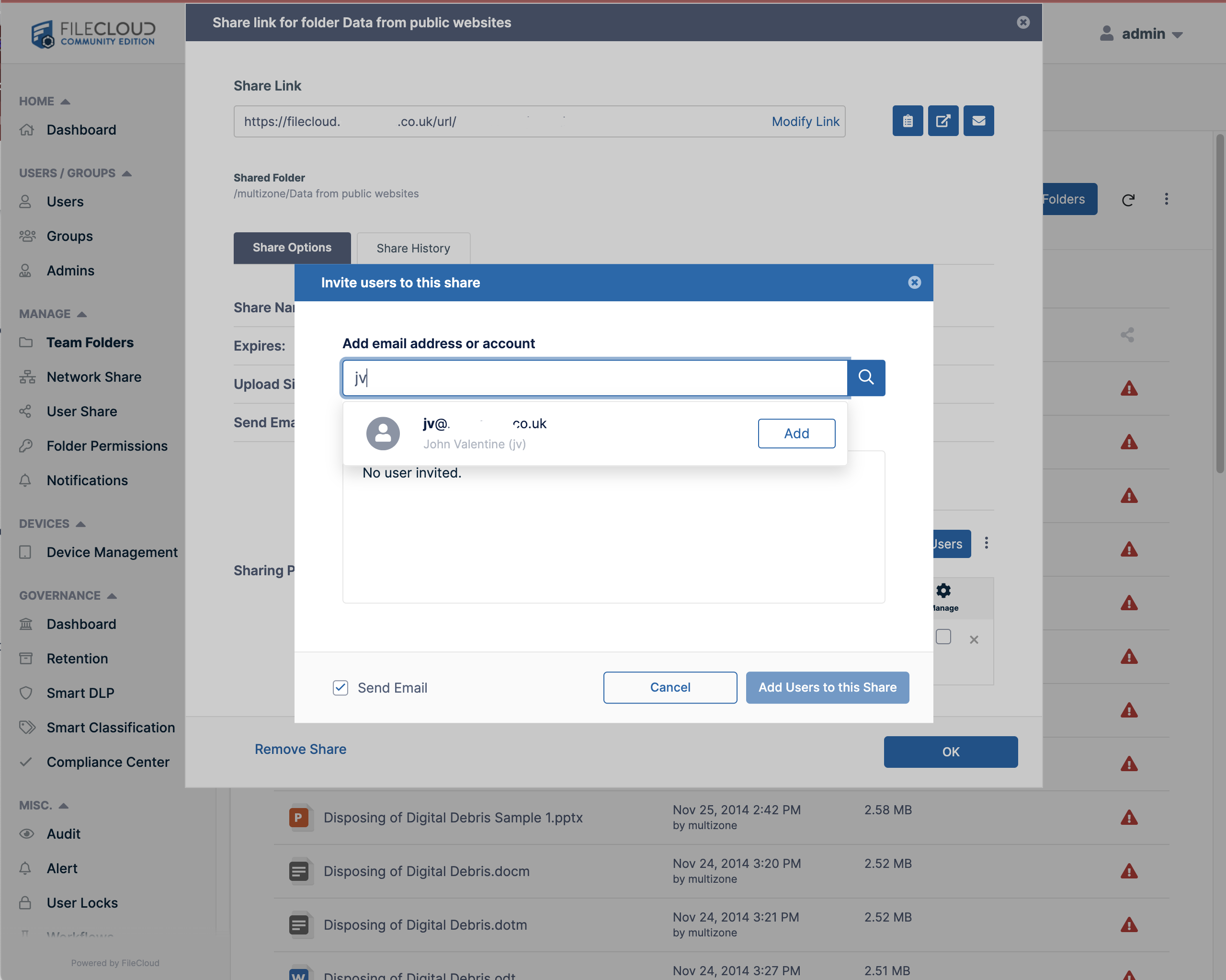 Filecloud Invite users to a team folder
