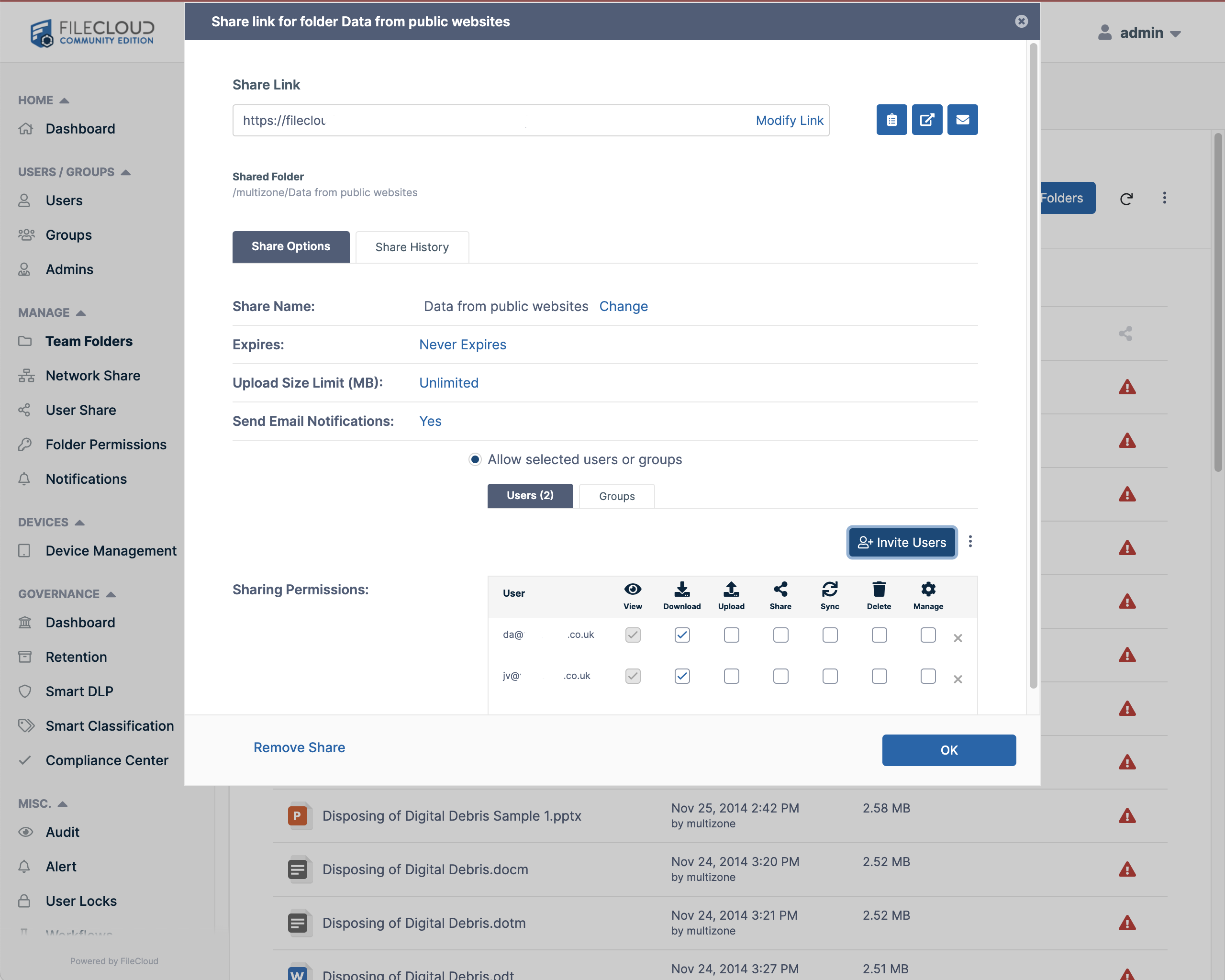 Filecloud Team Folder User permissions and sharing options