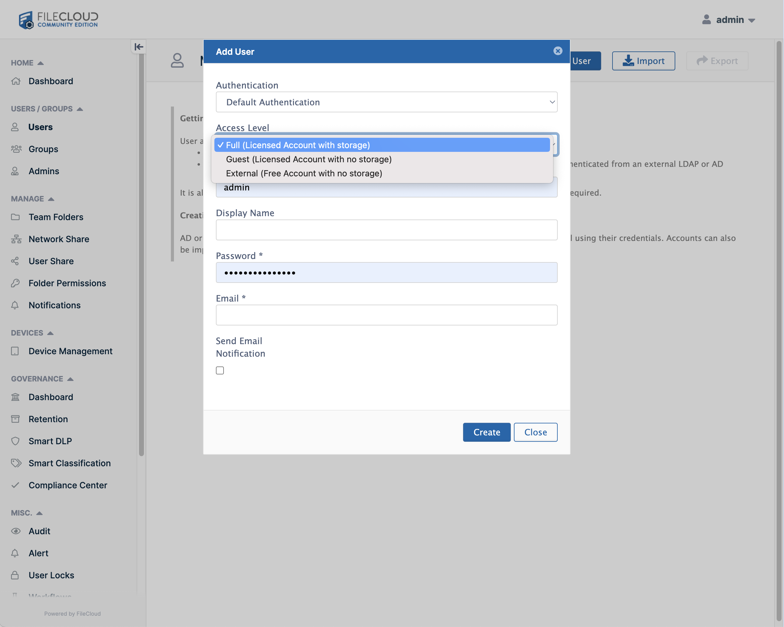 Filecloud User Admin - Create a user