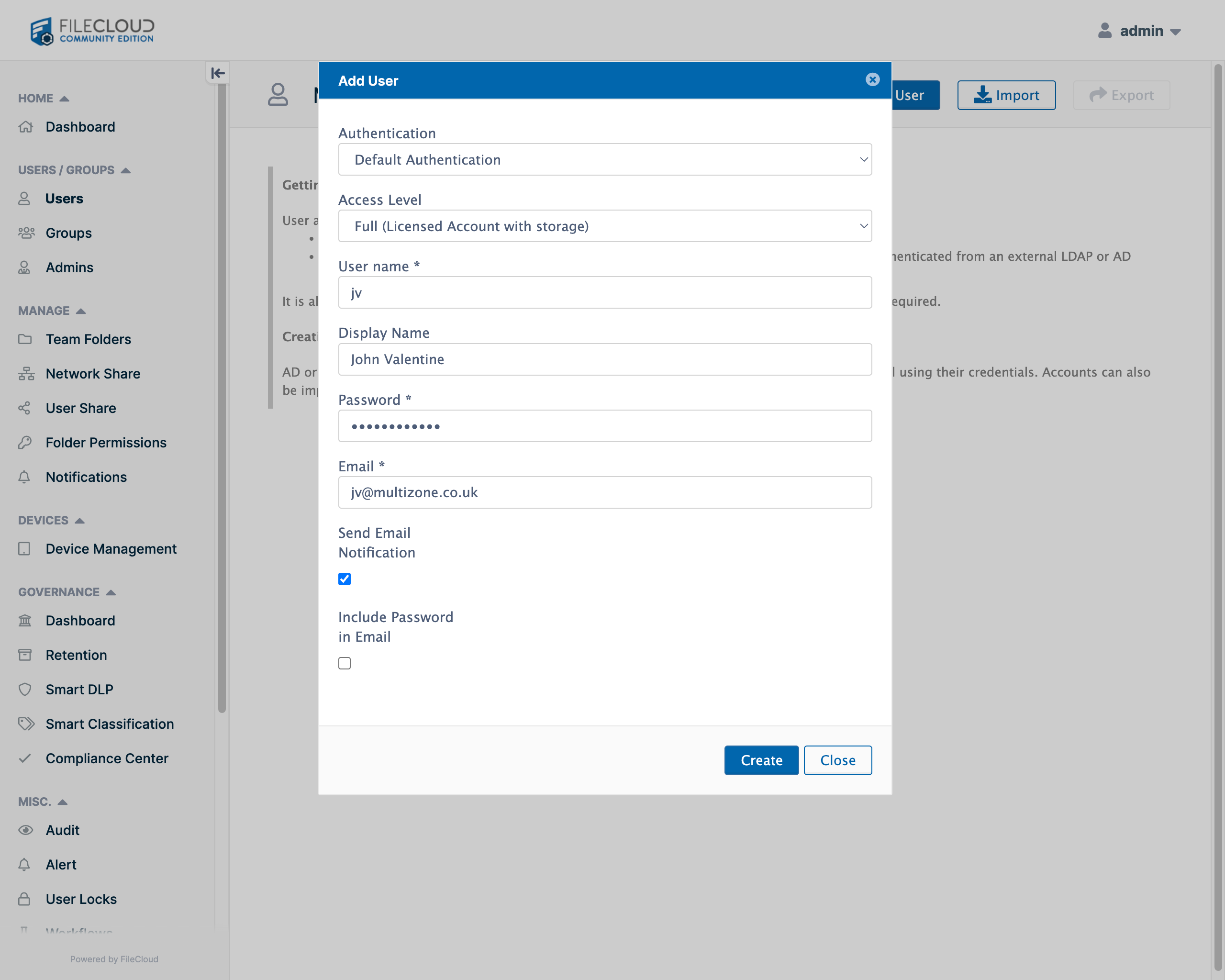 Filecloud User Admin - Add user